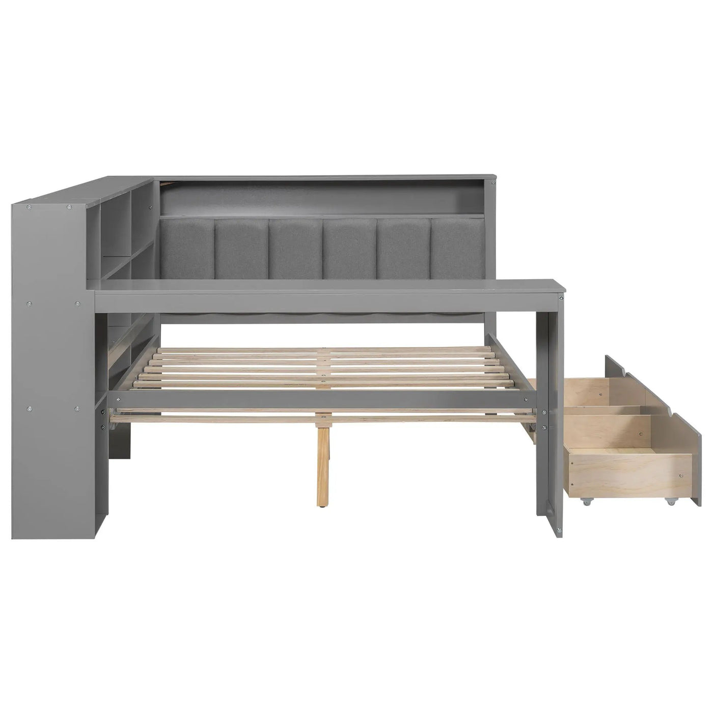 Platform Bed With Storage Shelves, Drawers, Charging Station, LED, Desk by HouseOfZazla