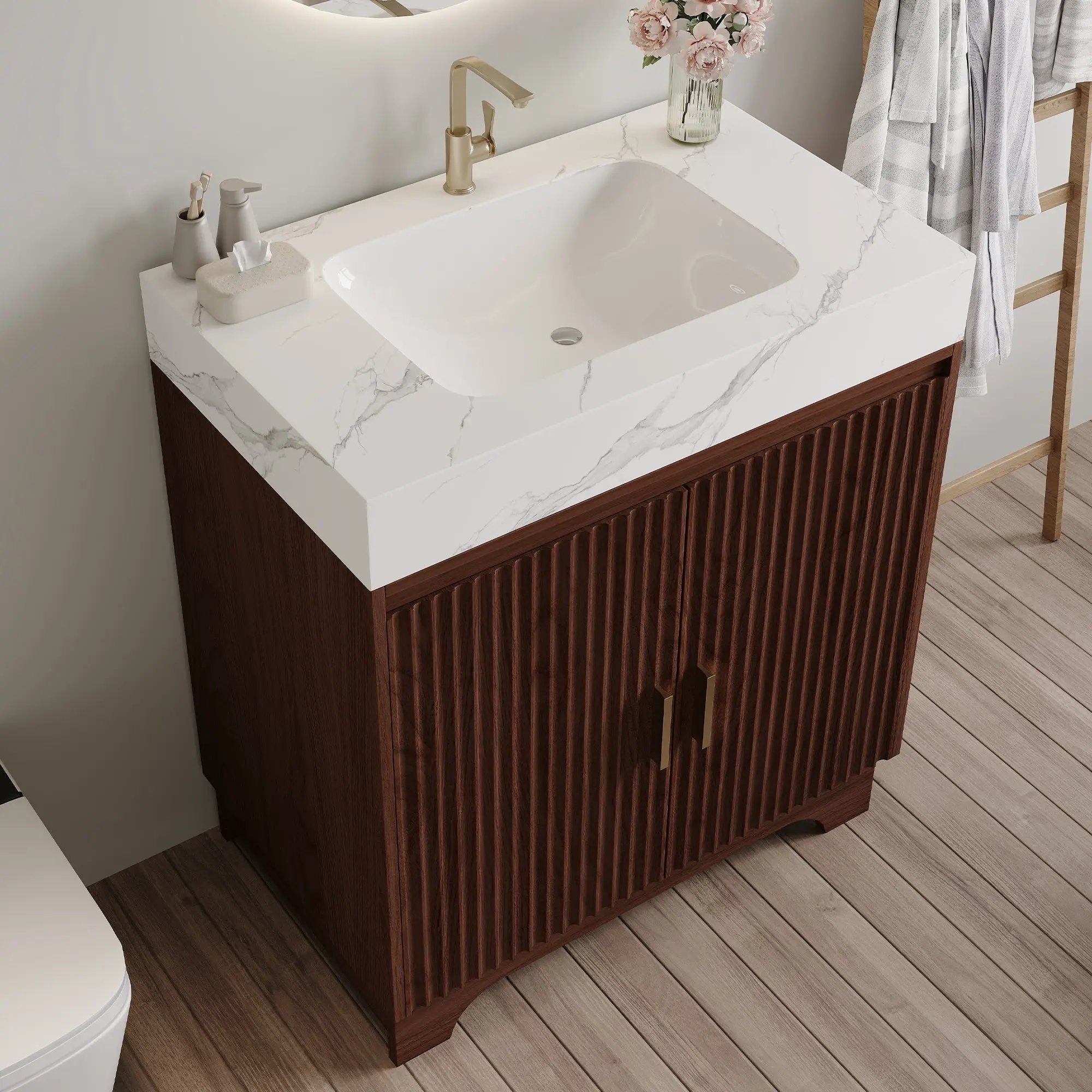 30" Freestanding Sintered Stone Countertop Bathroom Vanity with Ceramic Sink by HouseOfZazla