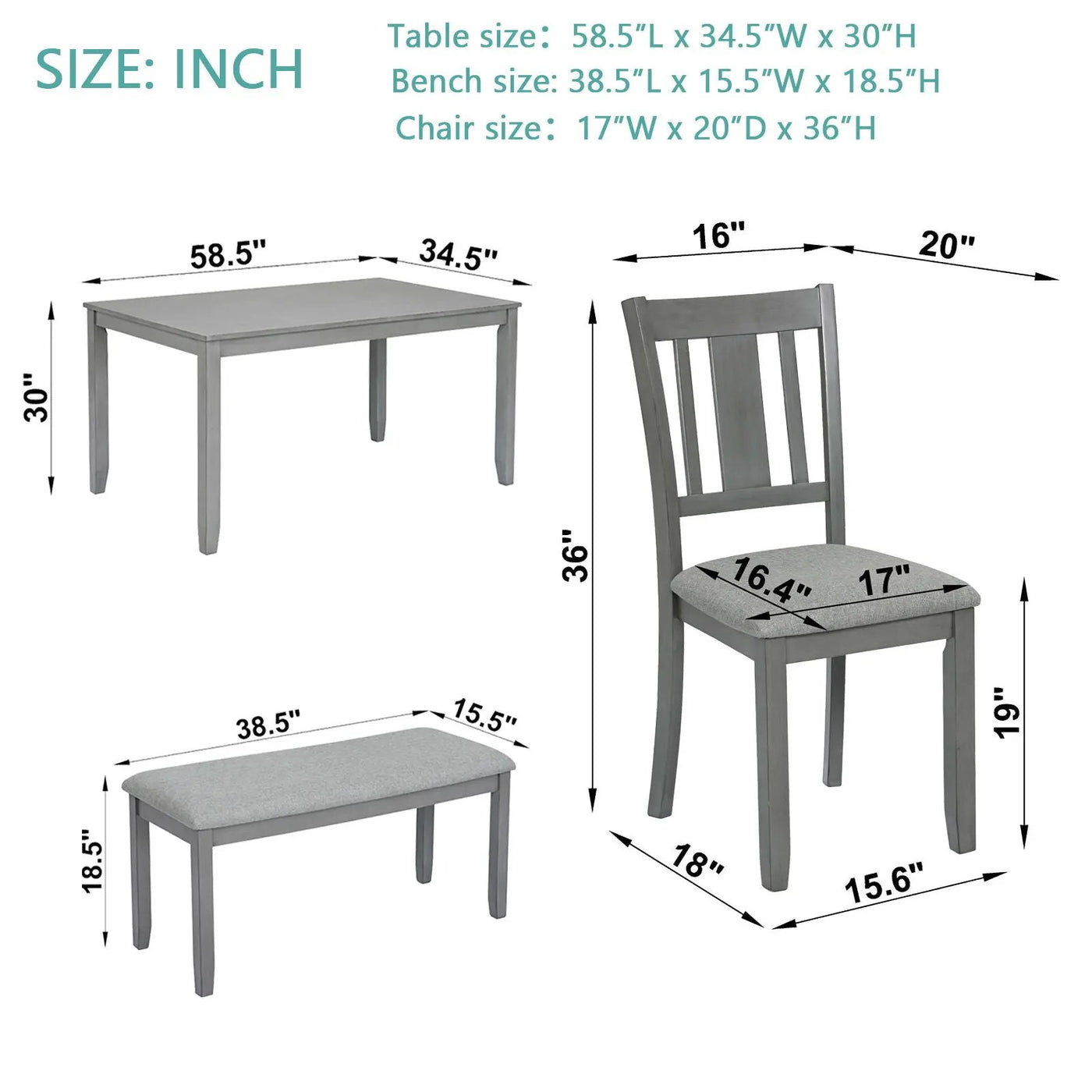 6 Pieces Kitchen Dining Set, Rectangular Wooden Dining Table With 4 Upholstered Chairs And A Bench by HouseOfZazla