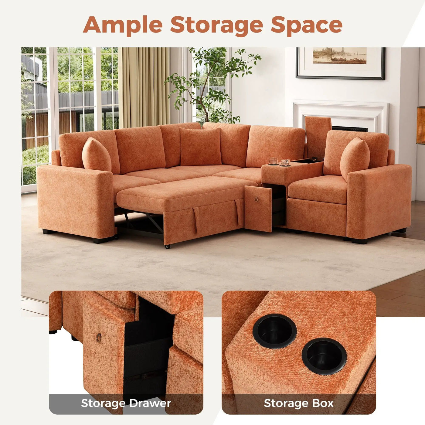 Modular L-Shaped Sectional Sofa Bed With Pull-Out Sleeper, Cup Holders, And Storage by Unique Piece Furniture