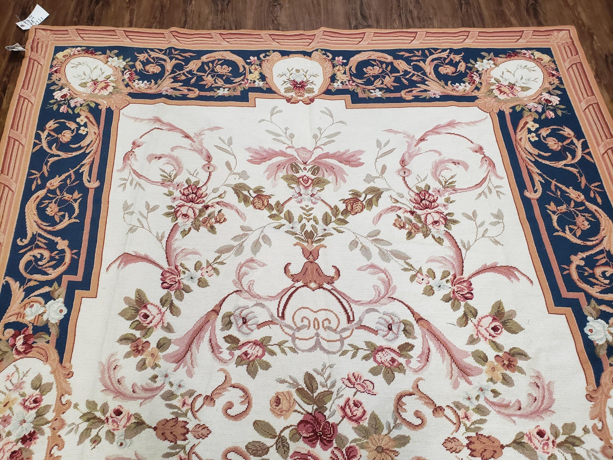 Chinese Aubusson Savonnerie Area Rug 6x8, Vintage Hand-Woven Needlepoint Rug, Flat Weave Handmade Wool Carpet Living Room Ivory & Navy Blue by Jewel Rugs