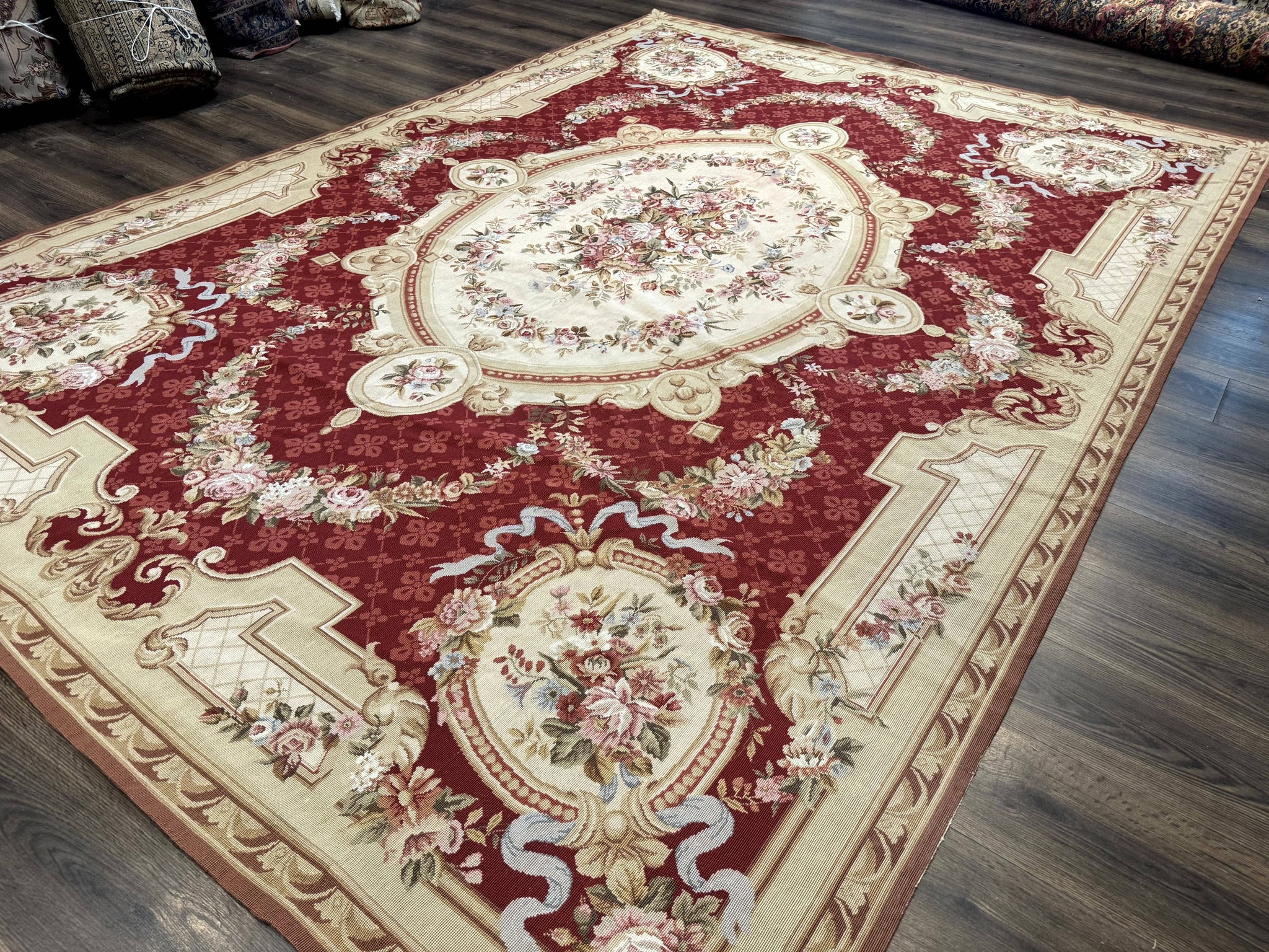 Aubusson Rug 8x11, Needlepoint Carpet, Red Ivory Beige, Vintage, French European Design by Jewel Rugs