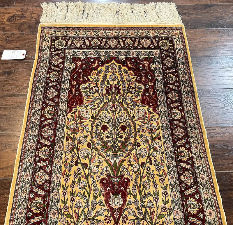 Wonderful Silk Turkish Hereke Prayer Rug 2.8 x 4.5, Tree of Life Design, Signature from Master Weaver, Gold and Burgundy, Handmade, 625 KPSI by Jewel Rugs