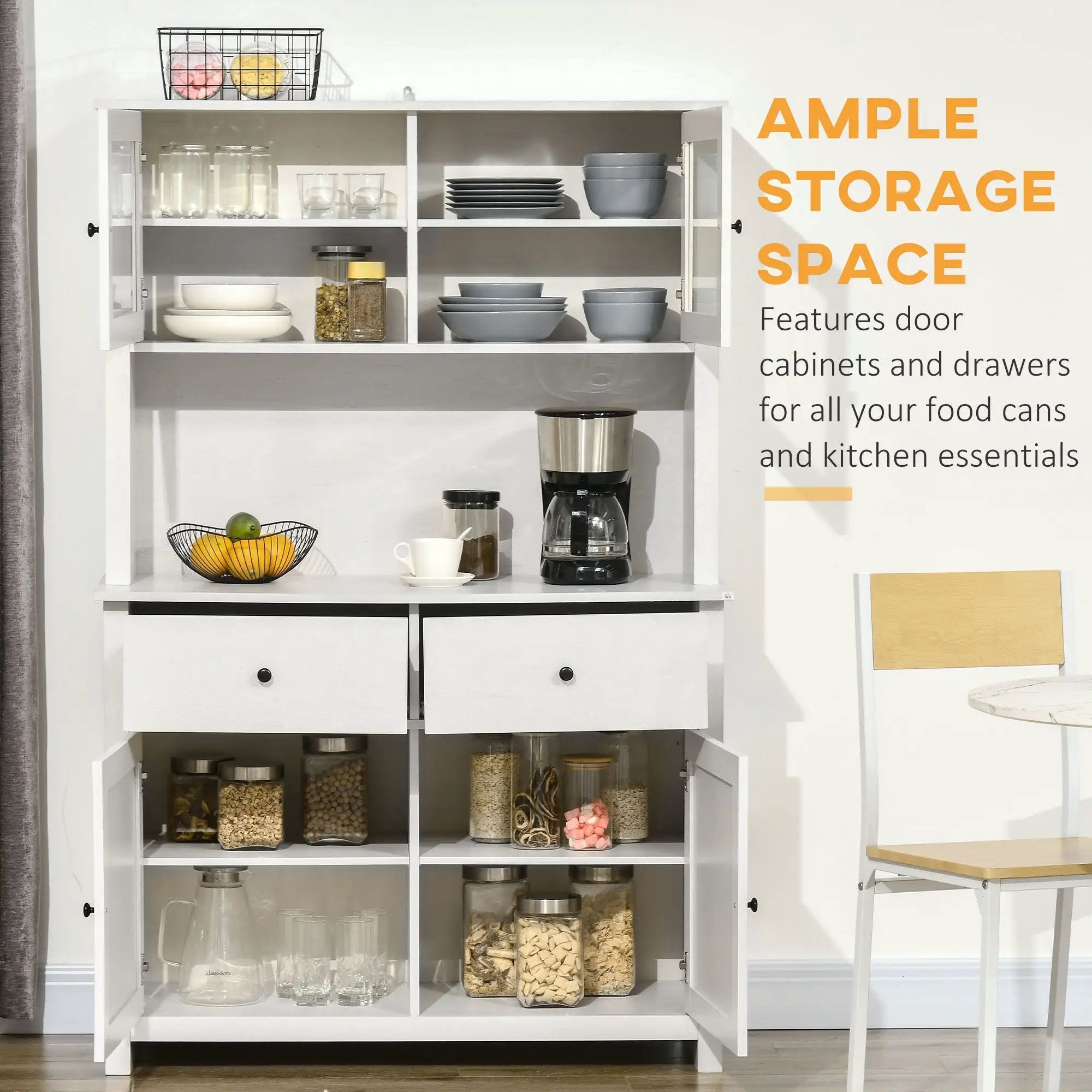 Homcom - 63.5" Kitchen Buffet With Hutch, Pantry Storage Cabinet With 4 Shelves, Drawers, Framed Glass Doors, Open Microwave Countertop - Antique White by Unique Piece Furniture
