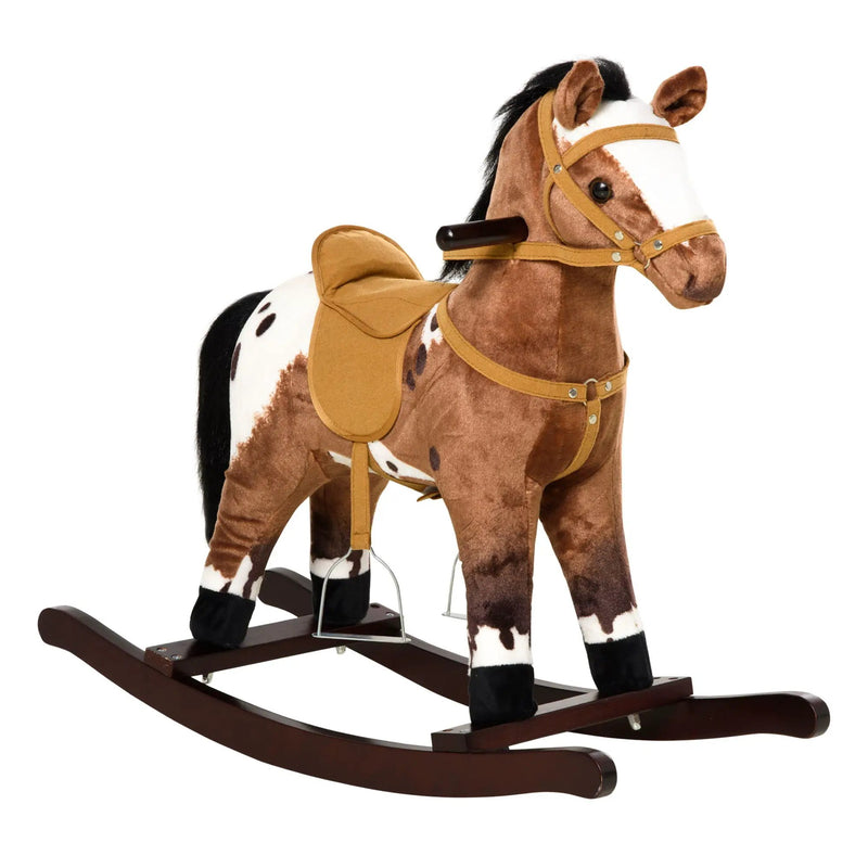 Qaba - Kids Metal Plush Ride-On Rocking Horse Chair Toy With Realistic Sounds - Dark Brown / White by Unique Piece Furniture