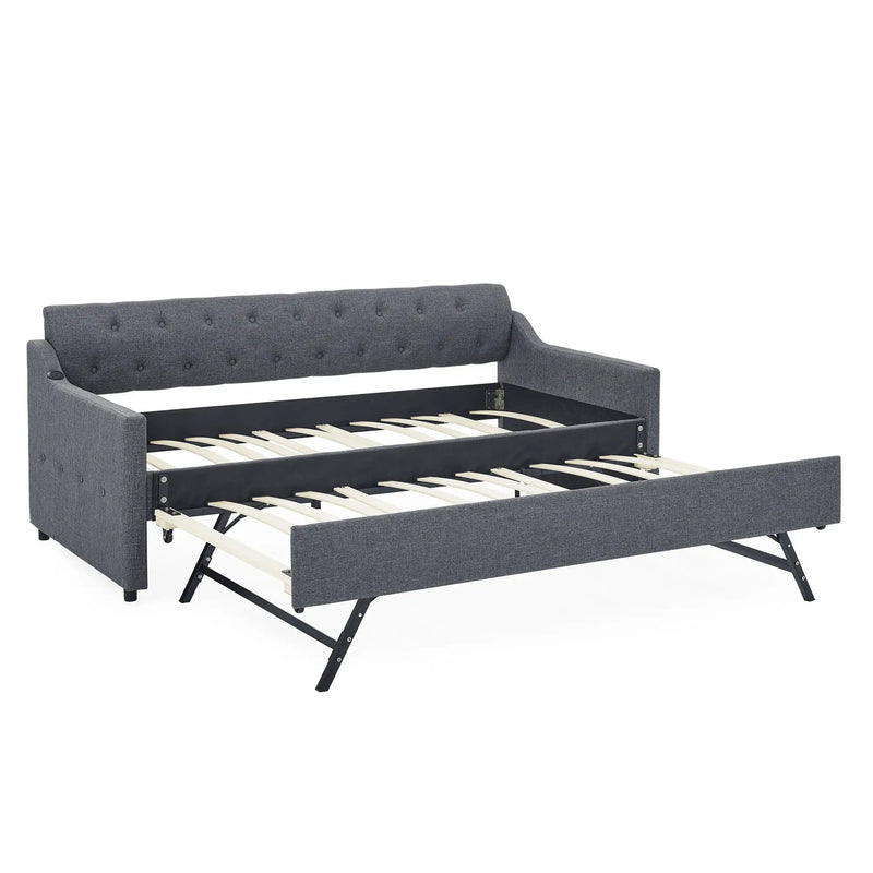 Size Upholstered Daybed With Trundle And USB Charging Armrest by HouseOfZazla
