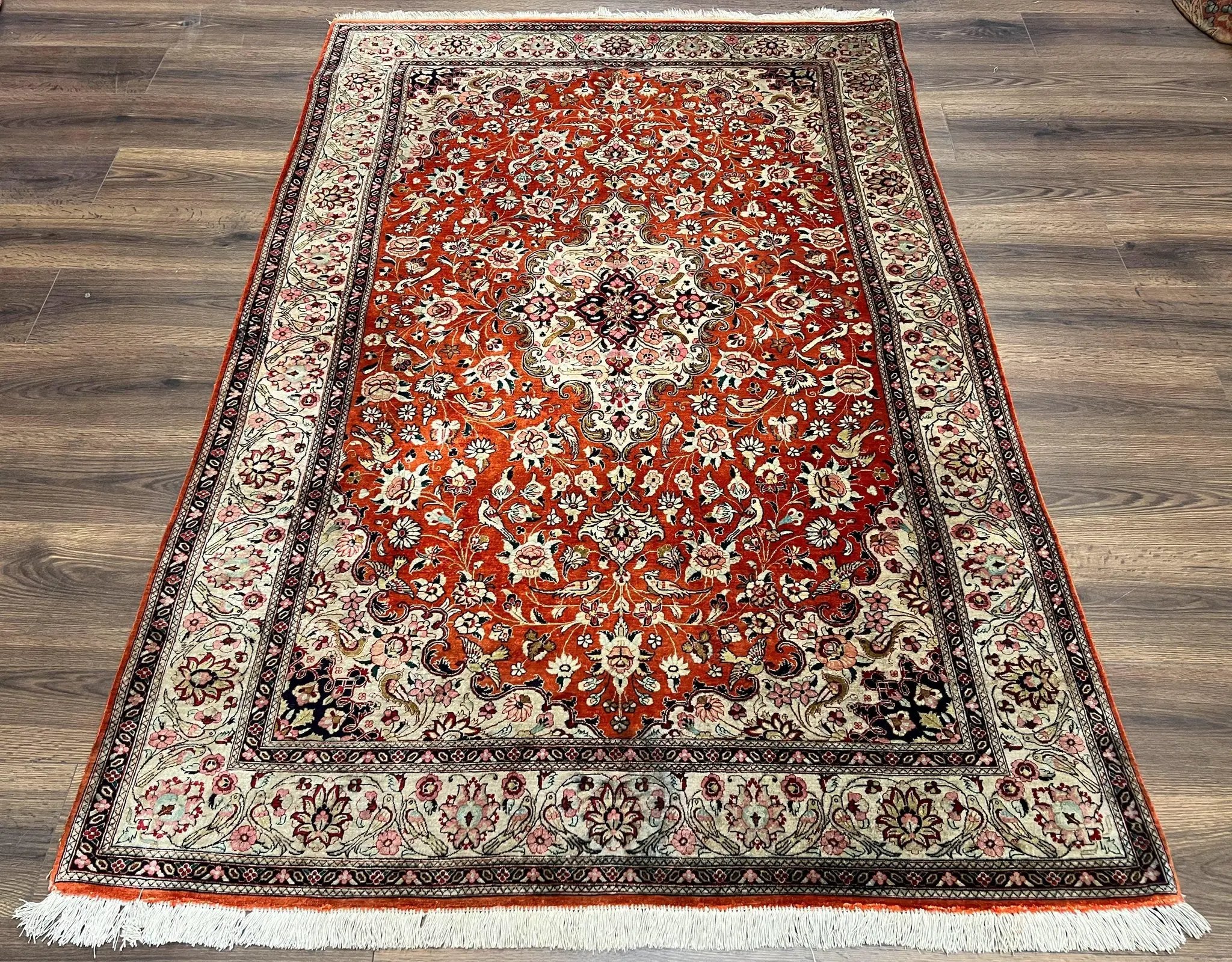 Persian Qum Silk Rug 5x7 - Floral Medallion, Birds, Orange-Red by Jewel Rugs