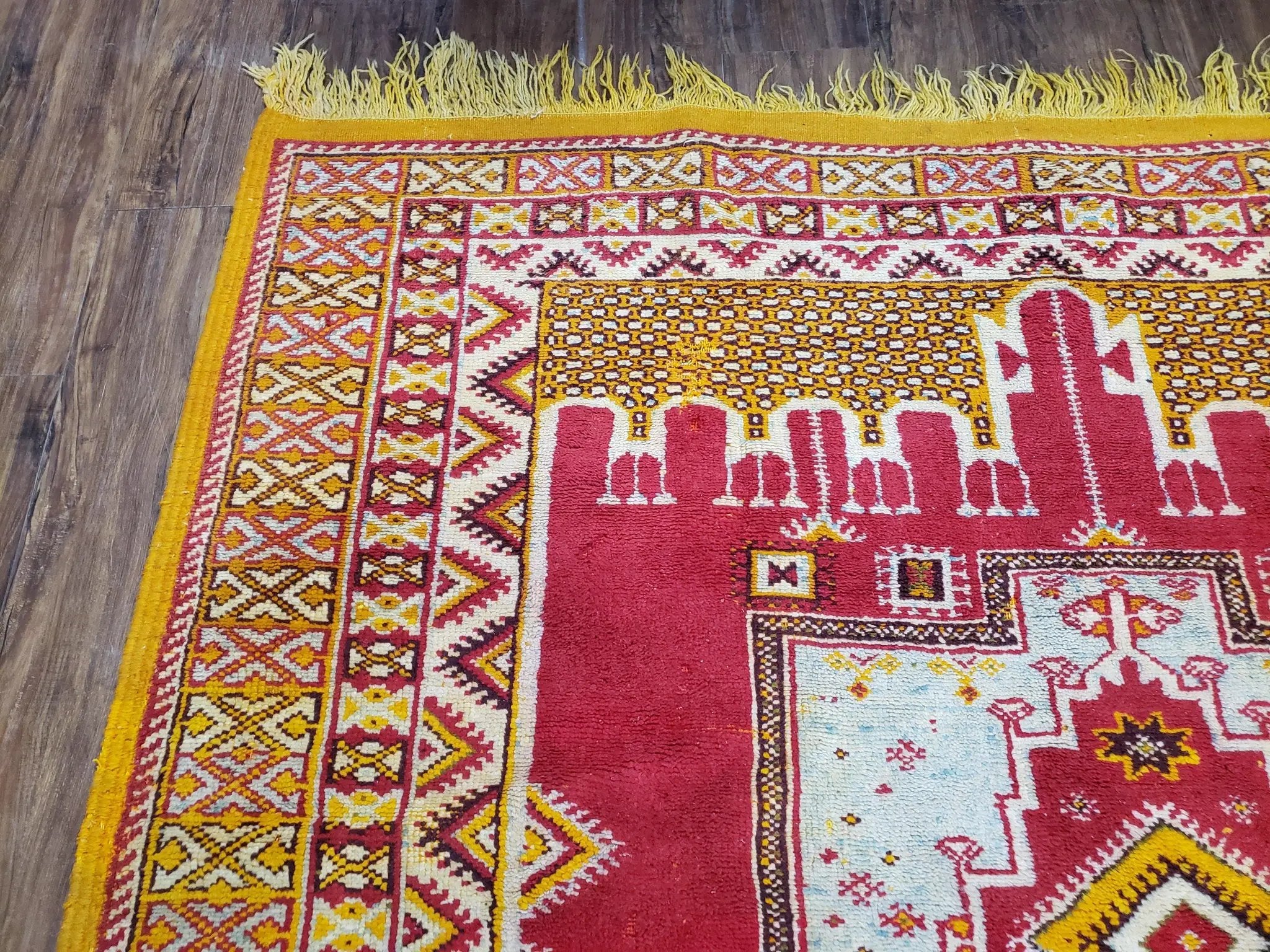 Vintage Moroccan Rug 6x10, Red and Yellow Moroccan Carpet, Handmade Bohemian Tribal Area Rug, Hand-Knotted 1970s Wool Rug, Medalions by Jewel Rugs