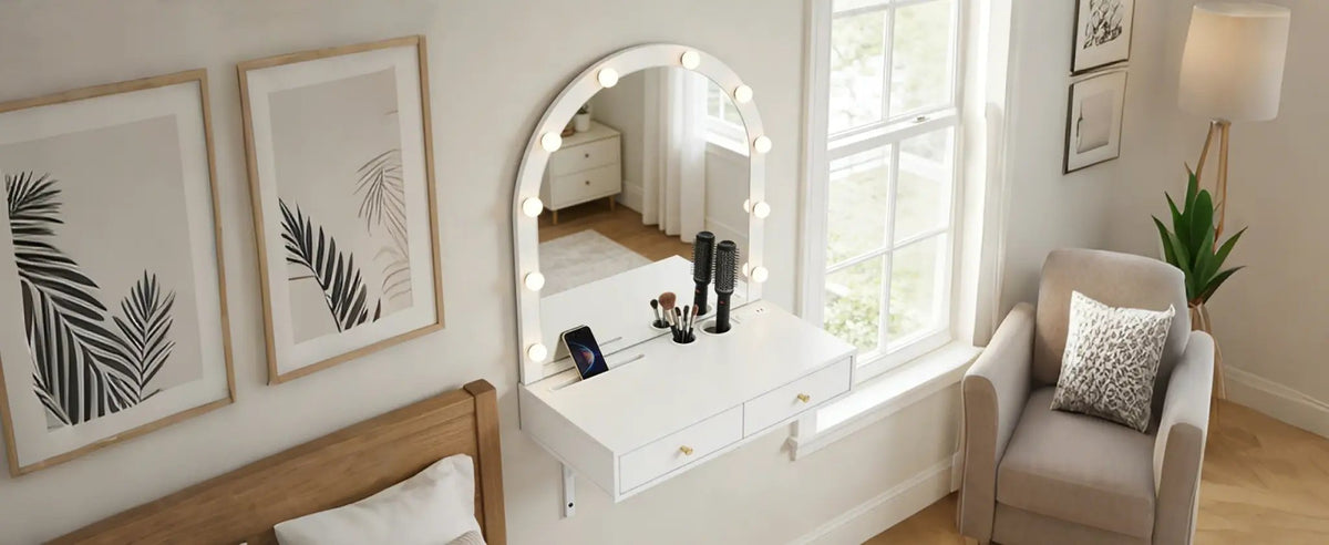 Floating Makeup Vanity Desk with Mirror & 3-Color Lights by HouseOfZazla