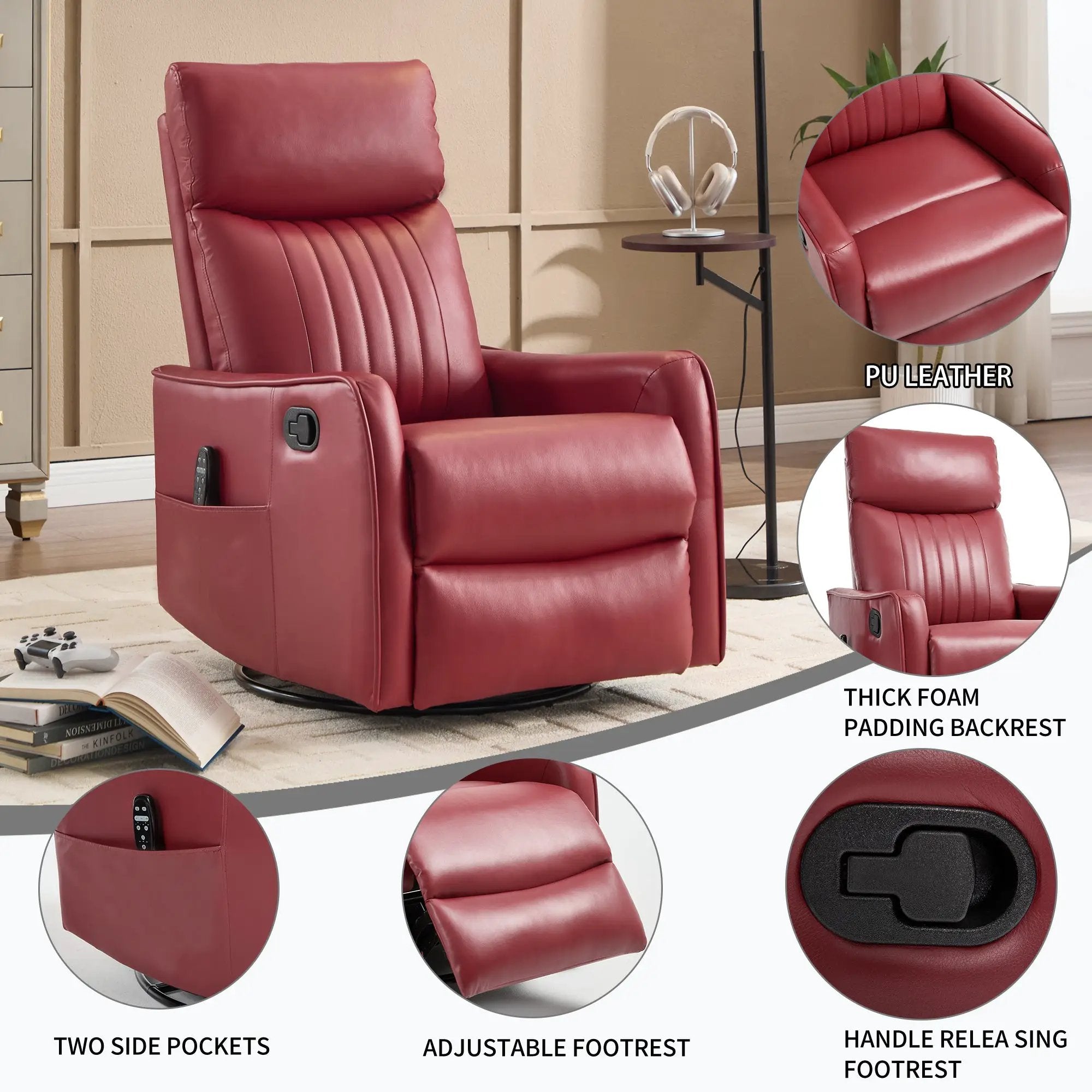 Red Faux Leather Heat Massage Manual Recliner Chair with Rocker and Swivel by HouseOfZazla