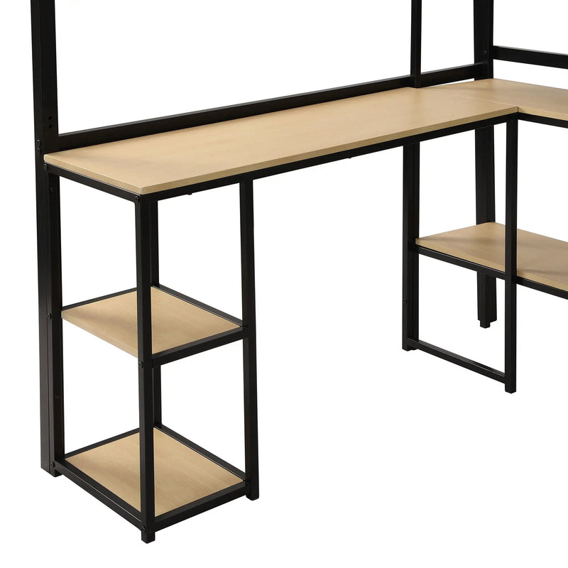 Full Size Loft Bed With Staircase, Built In Desk And Shelves And Sleeping Surface - Black