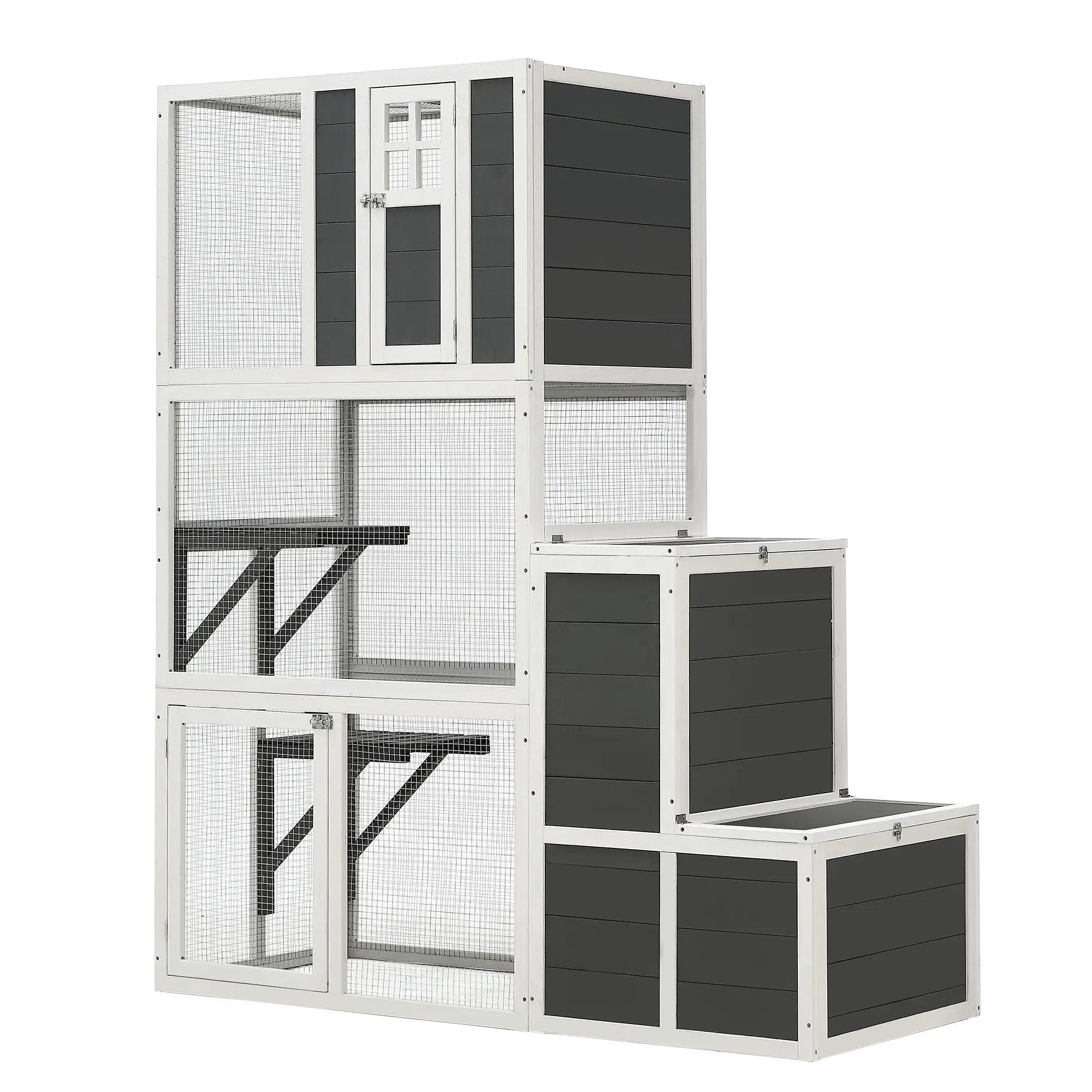 3 Tier Wooden Outdoor & Indoor Cat House Suitable For 1-3 Cats Cat Enclosure Resting Box With 4 Platforms And 2 Doors Cat Shelter Kitty House With A Jump Box For Hiding And Resting Cat Cage - Gray by HouseOfZazla