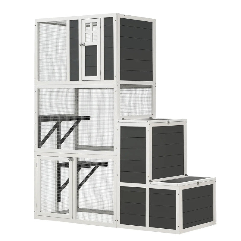 3 Tier Wooden Outdoor & Indoor Cat House Suitable For 1-3 Cats Cat Enclosure Resting Box With 4 Platforms And 2 Doors Cat Shelter Kitty House With A Jump Box For Hiding And Resting Cat Cage - Gray by HouseOfZazla