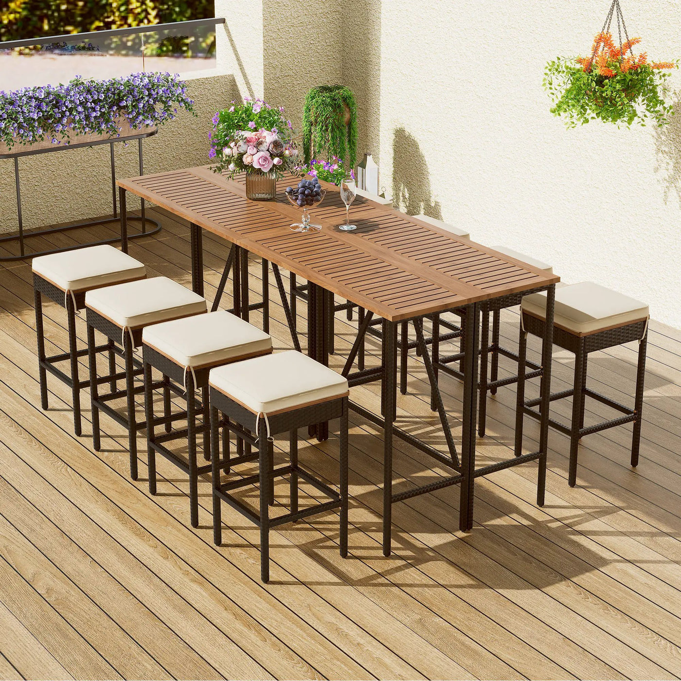 Outdoor Acacia Wood Bar Height Table And Eight Stools With Cushions by Unique Piece Furniture