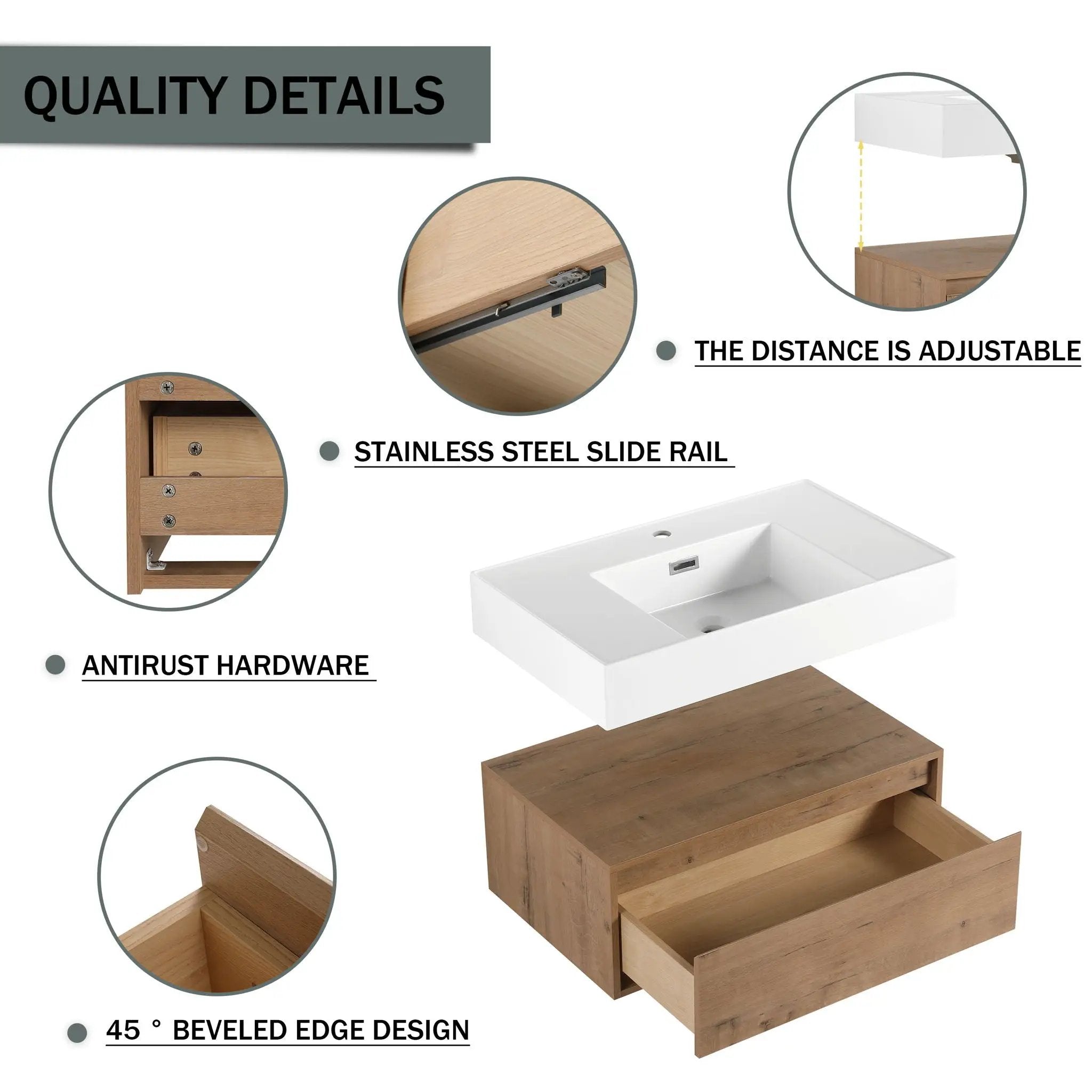 Wall Mounted Bathroom Vanity With Resin Sink And Soft Close Drawer In Imitative - Imitative Oak by HouseOfZazla