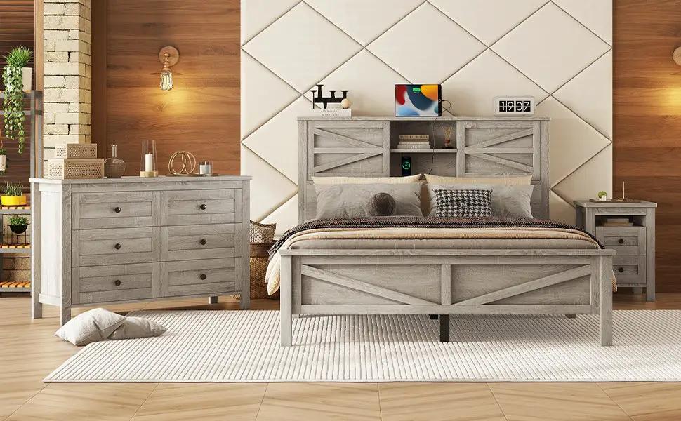 3-Pieces Bedroom Set Queen Size Farmhouse Platform Bed with Storage Headboard and Charging Station by HouseOfZazla