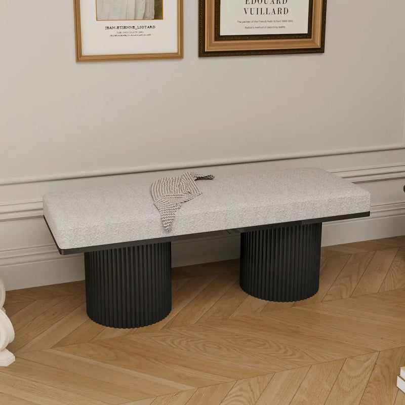 Upholstered Bench With Black Chunky Legs Boucle Contemporary Style Bed-End Bench For Bedroom Living Room - Light Gray by HouseOfZazla