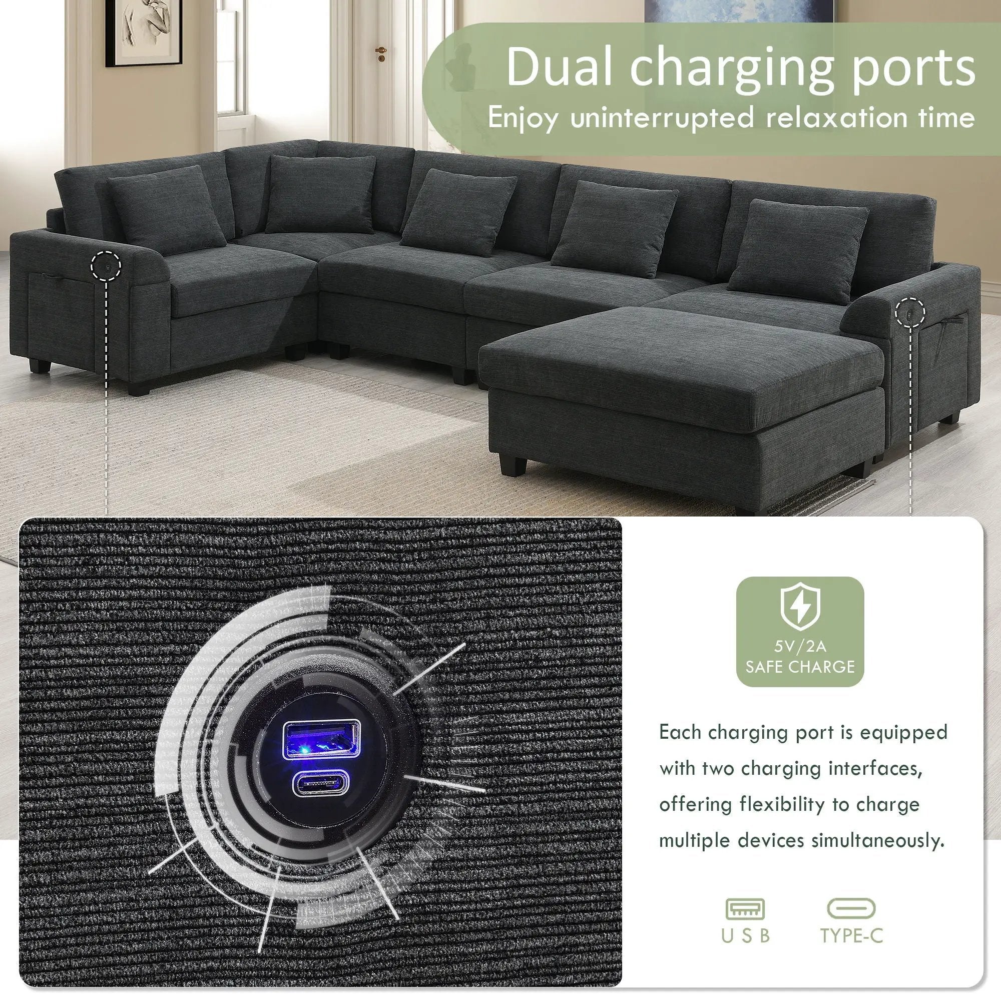 U Shaped Sectional Sofa 6 Seat Couch Set With Oversized Ottoman, Hidden Armrest Storage And Cup Holders USB Charging Ports Wide Seat Sofa by Unique Piece Furniture