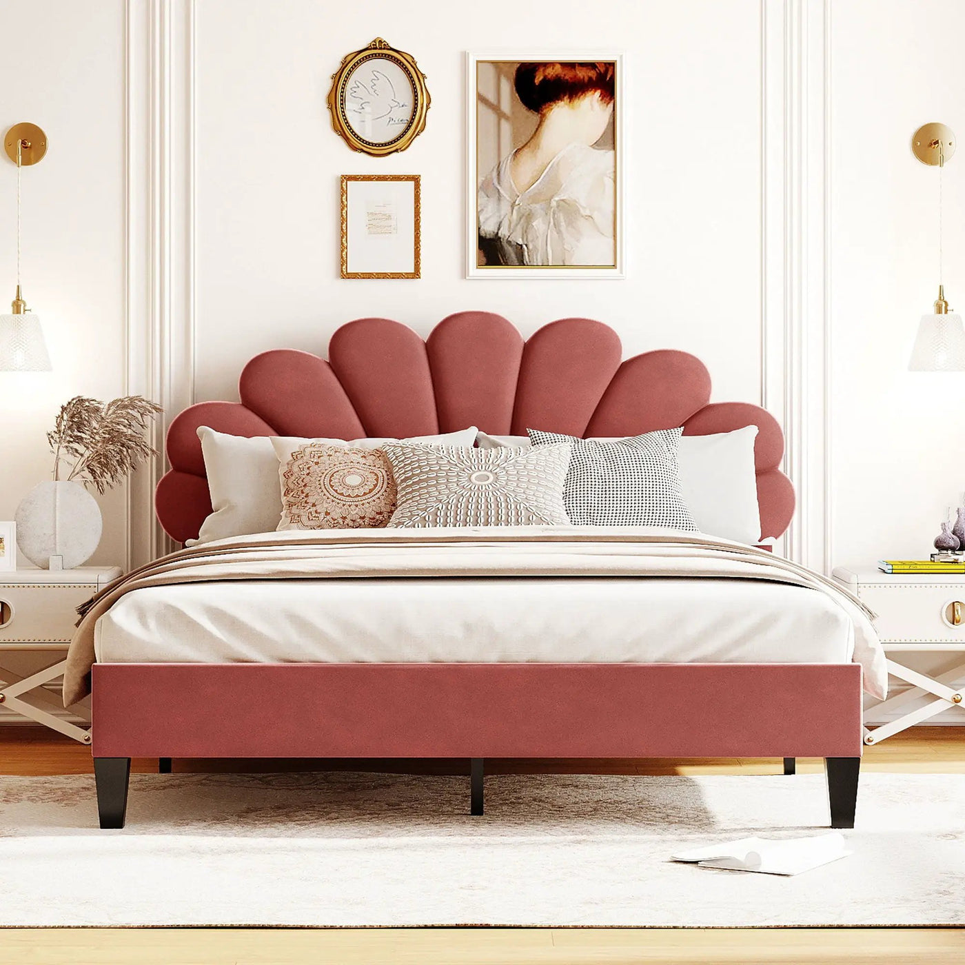 Upholstered Platform Bed With Flower Pattern Headboard by Unique Piece Furniture