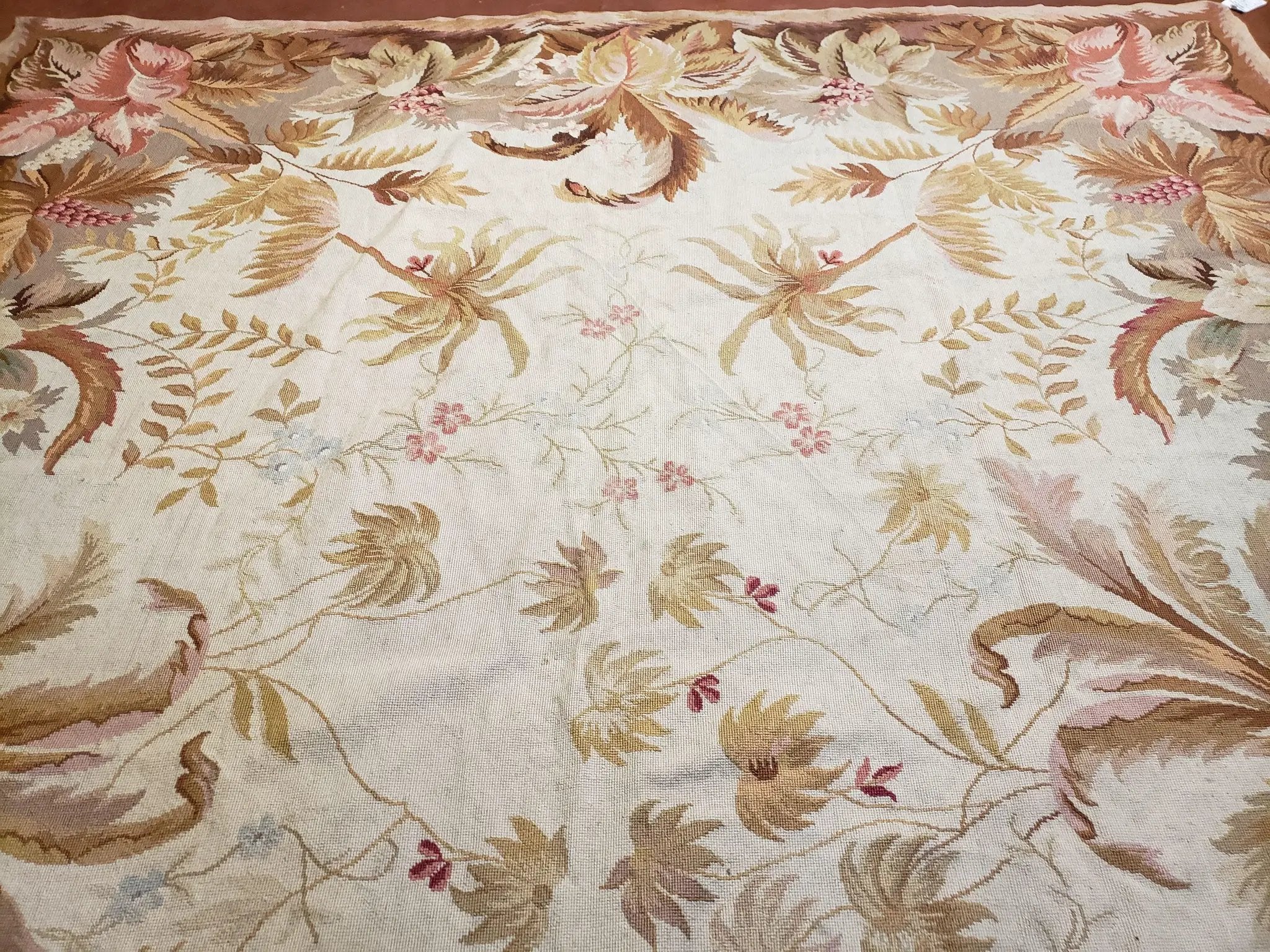 7' 7" x 9' 8" Needlepoint Rug Floral Beige Flat Weave Carpet 8x10 Handmade New Area Rug by Jewel Rugs