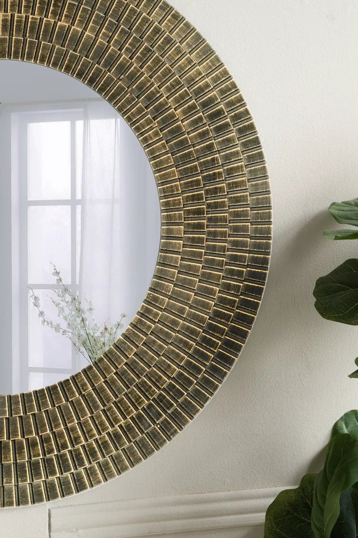 29.5" Round Gold and Black Wooden Accent Mirror with Woven Texture by HouseOfZazla