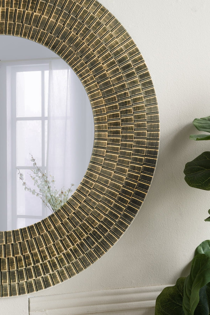 29.5" Round Gold and Black Wooden Accent Mirror with Woven Texture by HouseOfZazla