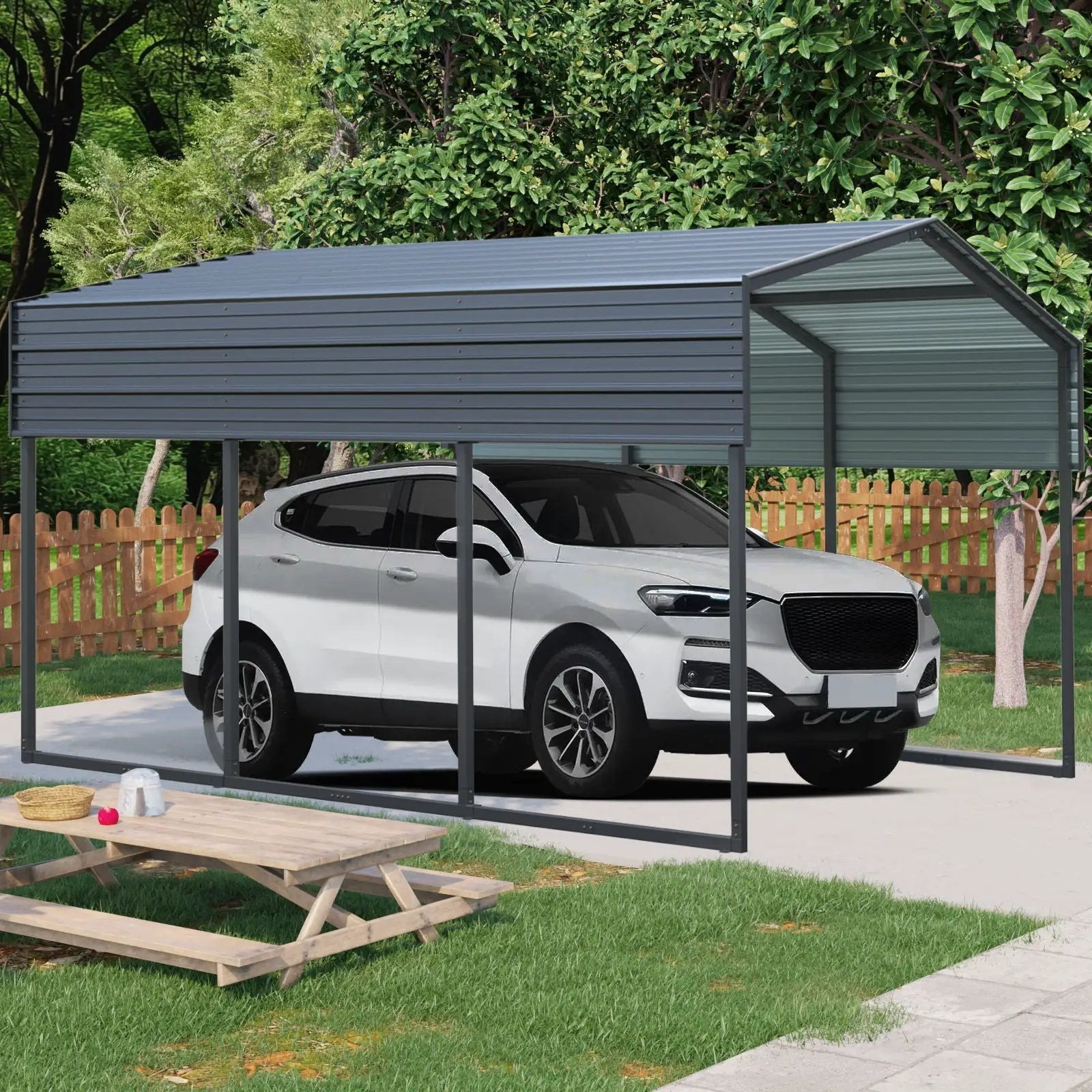 10 X 15 Ft Carport, Outdoor Carport, Heavy Duty Carport Canopy With Galvanized Steel Roof And Frame, Metal Carport Large Garage For Driveway Car, Truck - Charcoal by Unique Piece Furniture
