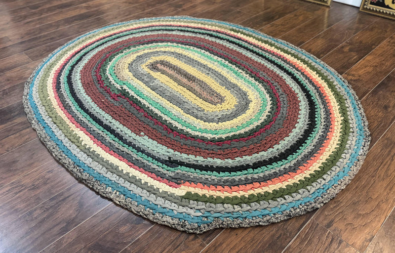 Antique American Braided Rug 5x7, Oval Multicolor Handmade Wool Braided Carpet by Jewel Rugs