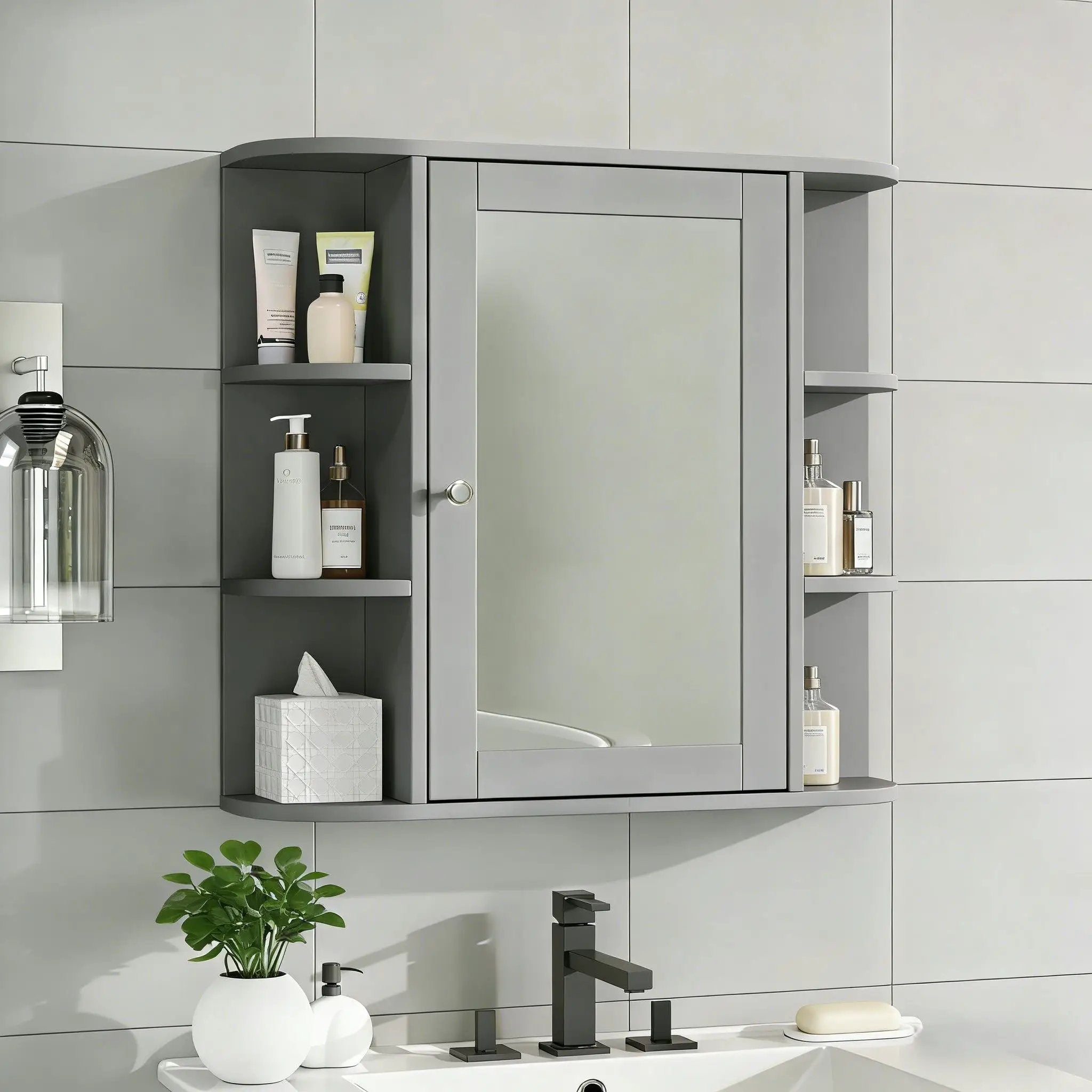 Bathroom Wall Storage Cabinet With Mirror And Adjustable Shelf, 6 Open Shelves by HouseOfZazla