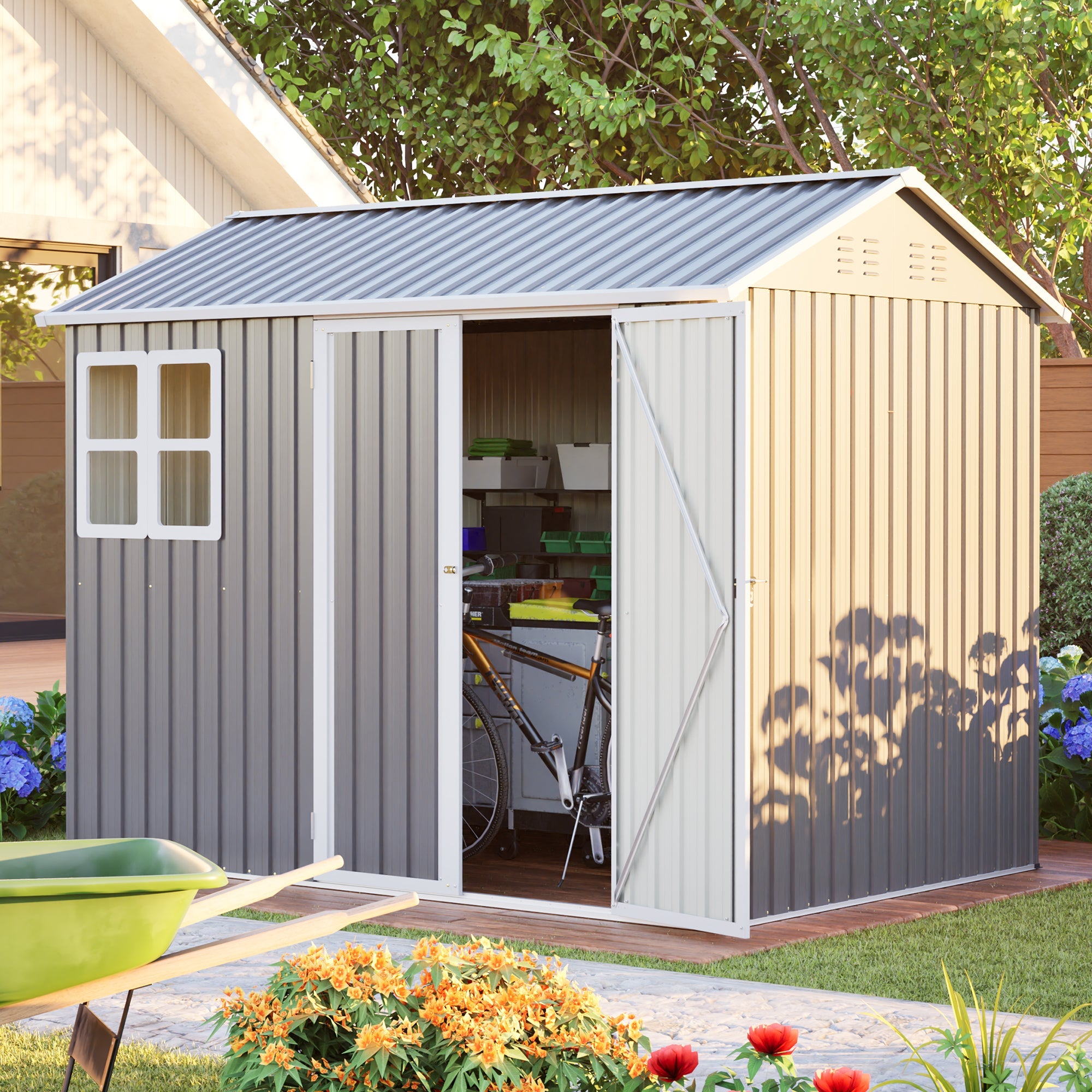 8'x6' Large Steel Storage Shed with Window, Lockable Doors & Sloped Roof by HouseOfZazla