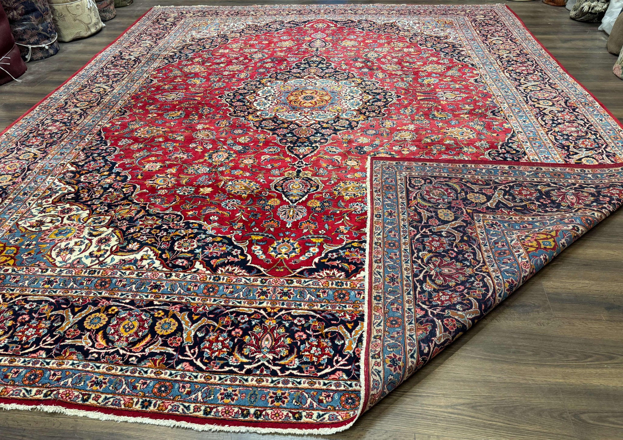 Large Persian Kashan Rug 11x14, Traditional Persian Carpet, Wool, Fine 250 KPSI, Red Navy Blue by Jewel Rugs
