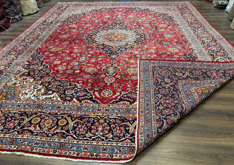 Large Persian Kashan Rug 11x14, Traditional Persian Carpet, Wool, Fine 250 KPSI, Red Navy Blue by Jewel Rugs