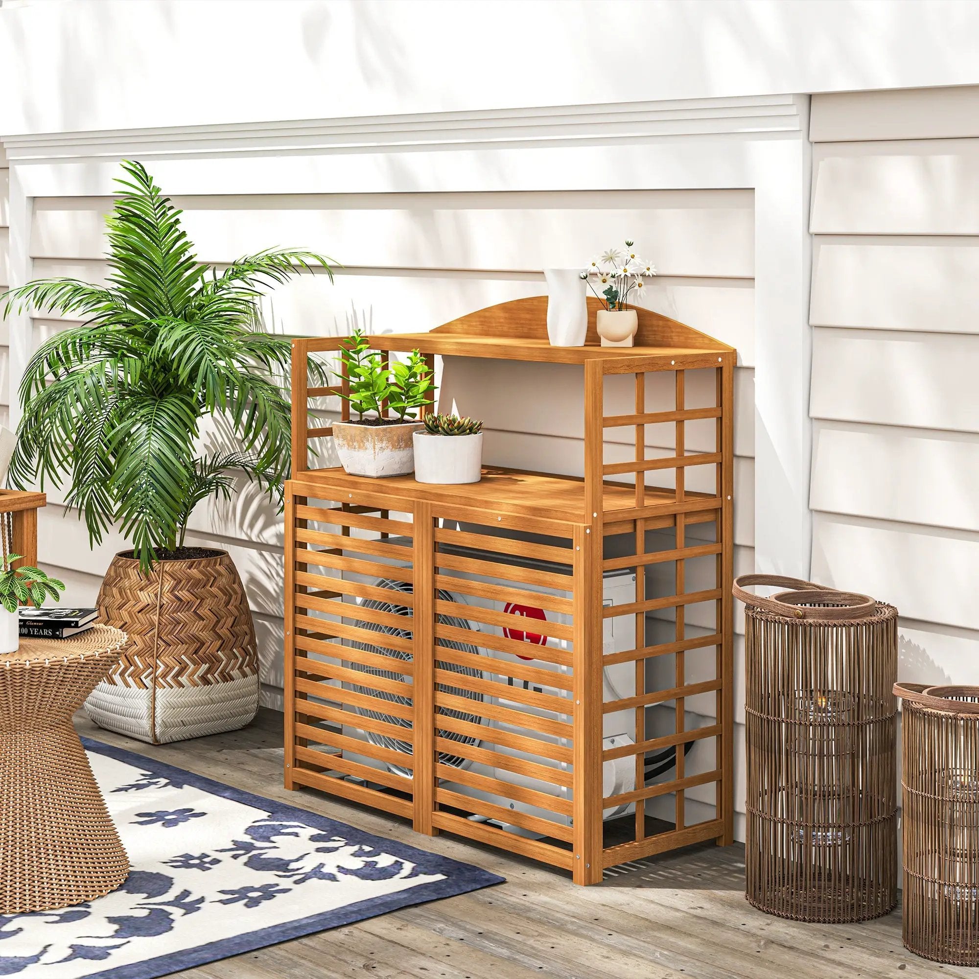 Outsunny Wood Air Conditioner Fence, Outdoor Privacy Screen Potting Table with Shelves by HouseOfZazla