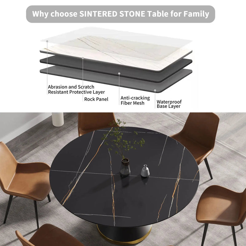 59.05" Modern Artificial Stone Round Black Carbon Steel Base Dining Table, Can Accommodate 6 People - Black by HouseOfZazla