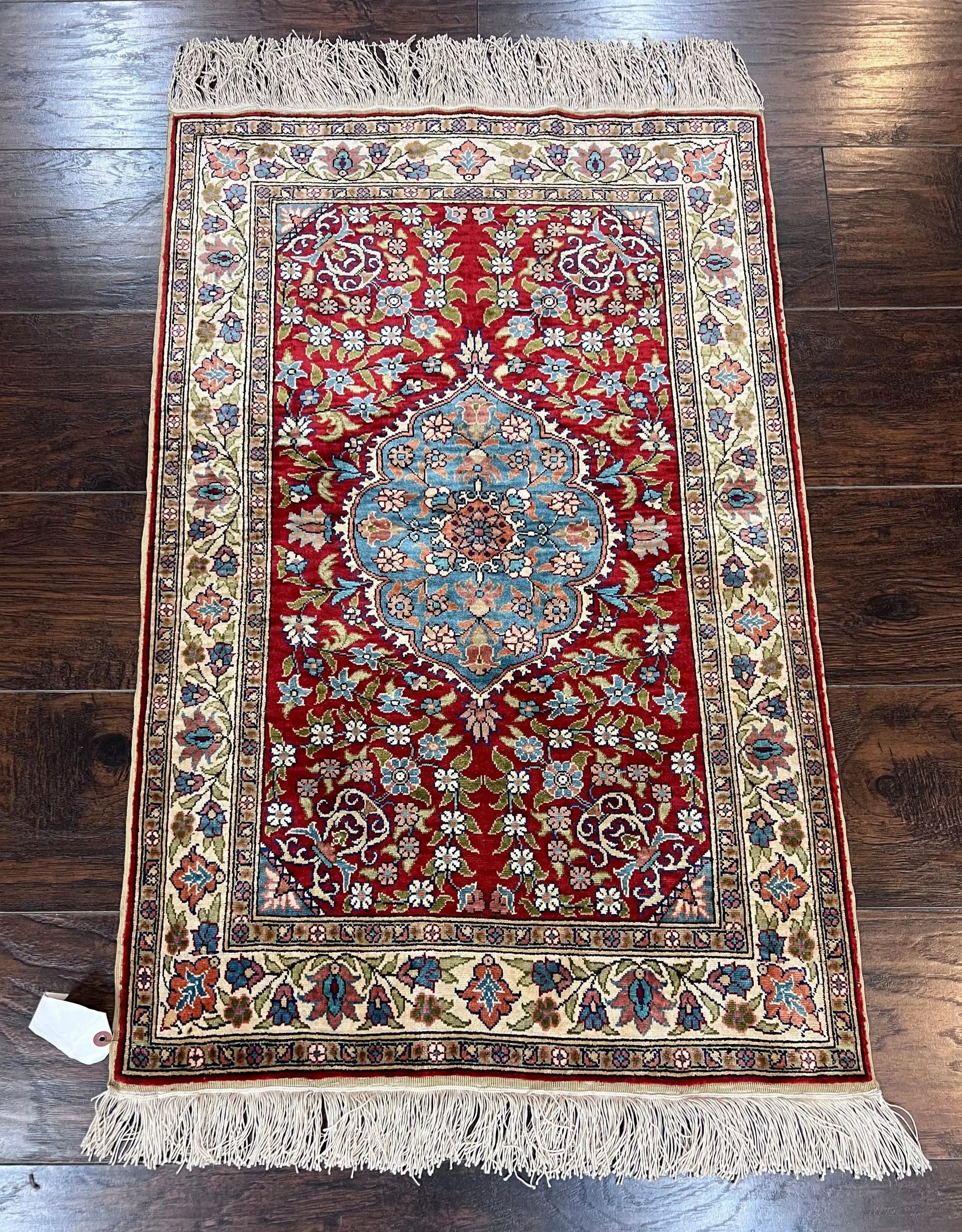 Silk Turkish Kayseri Rug 2x3, Small All Silk Turkish Carpet, Red and Light Blue, Very Fine Hand Knotted Semi Antique Vintage Handmade Rug by Jewel Rugs
