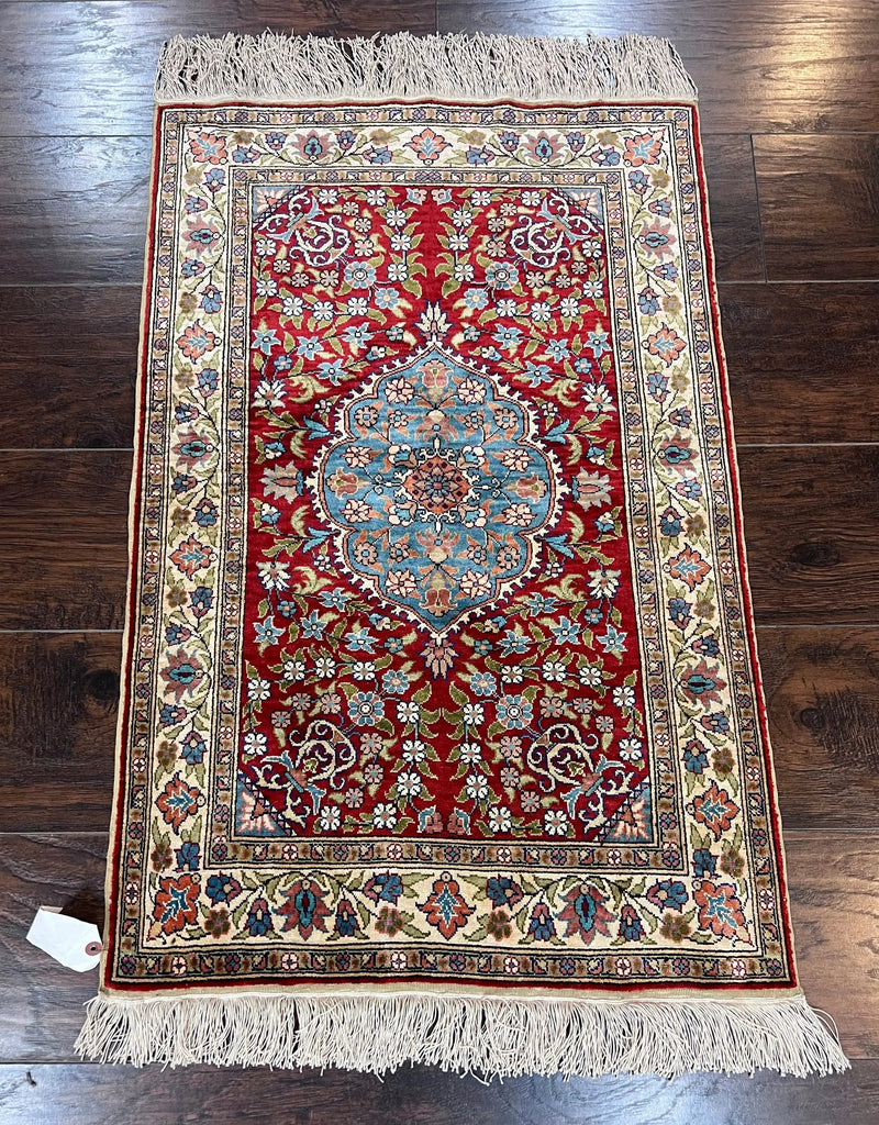 Silk Turkish Kayseri Rug 2x3, Small All Silk Turkish Carpet, Red and Light Blue, Very Fine Hand Knotted Semi Antique Vintage Handmade Rug by Jewel Rugs
