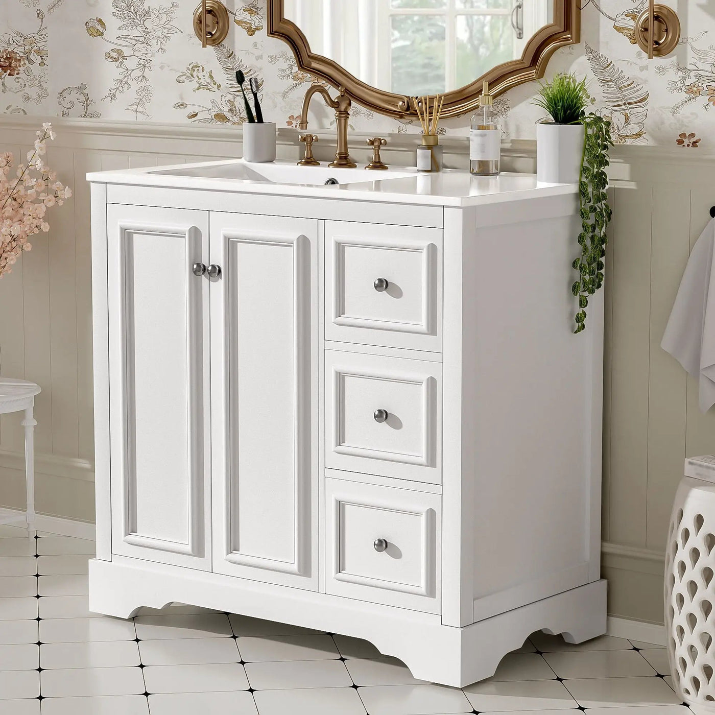 Bathroom Vanity With Sink, Soft-Close Doors, Adjustable U-Shelf, 3 Drawers by Unique Piece Furniture