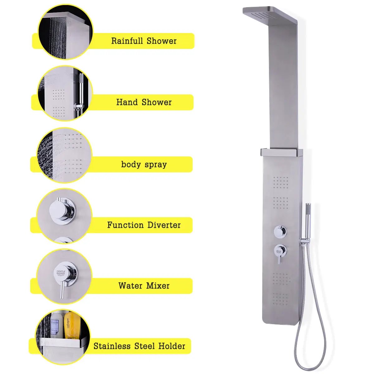 59” Stainless Steel Shower Panel with Massage Jets and Hand Shower by DirectDeals
