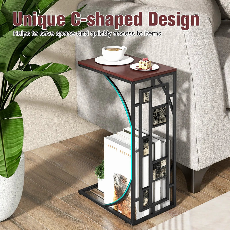 C-Shaped End Side Sofa Narrow Snack Table for Living Room-Brown by DirectDeals