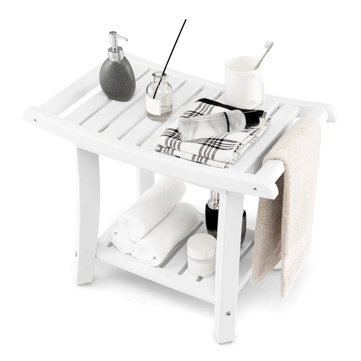 Waterproof Bath Stool with Curved Seat and Storage Shelf, photo 4 of 9