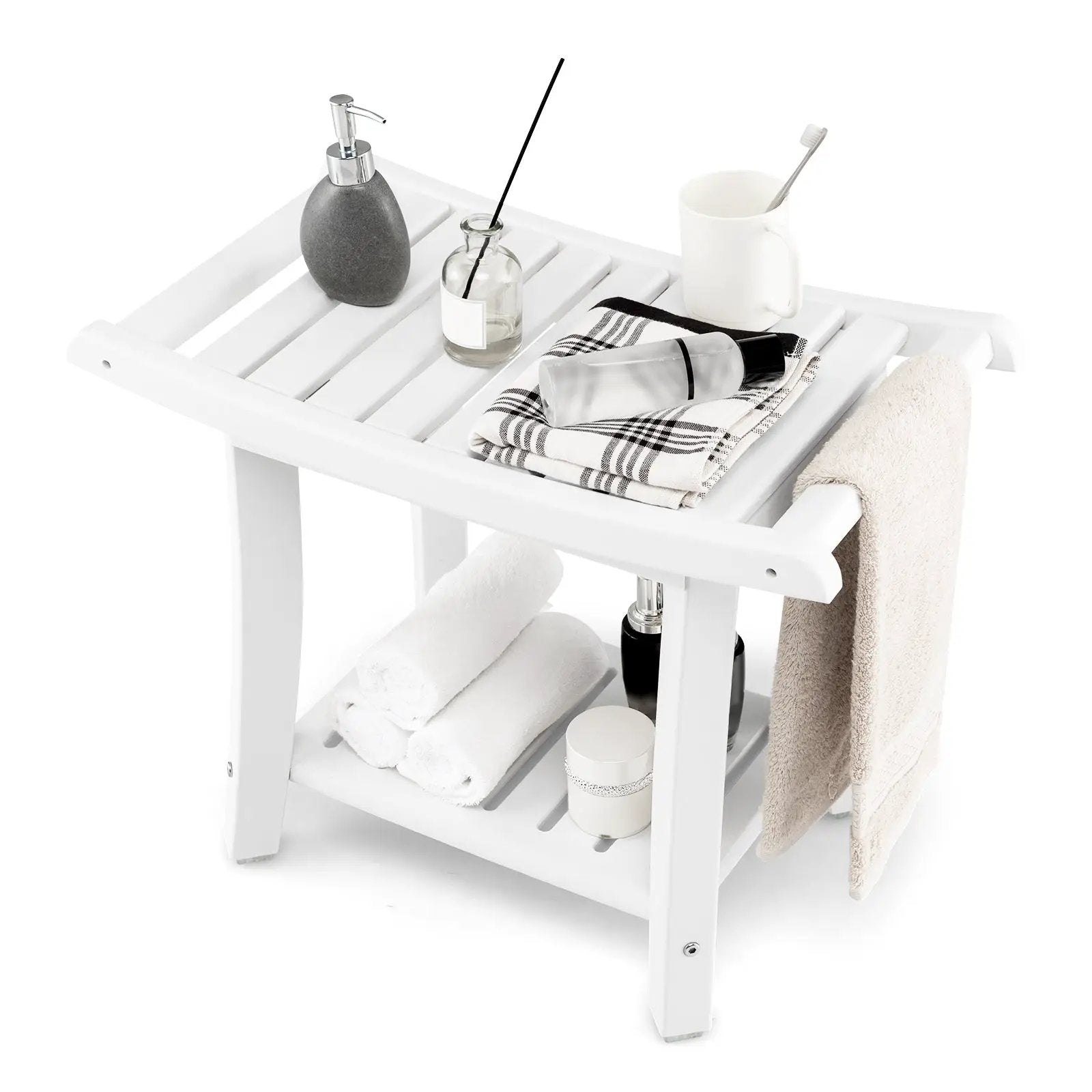 Waterproof Bath Stool with Curved Seat and Storage Shelf by DirectDeals