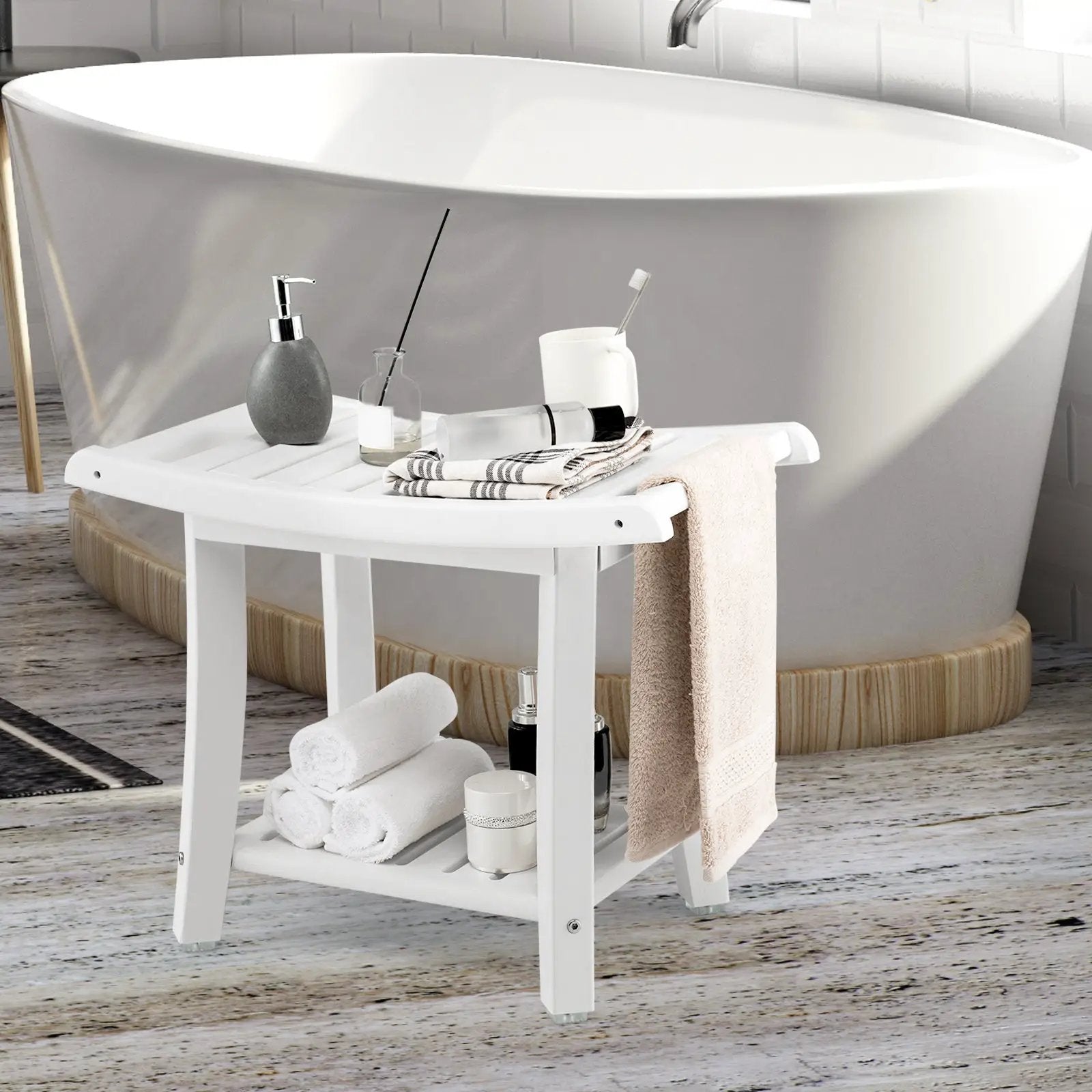Waterproof Bath Stool with Curved Seat and Storage Shelf by DirectDeals