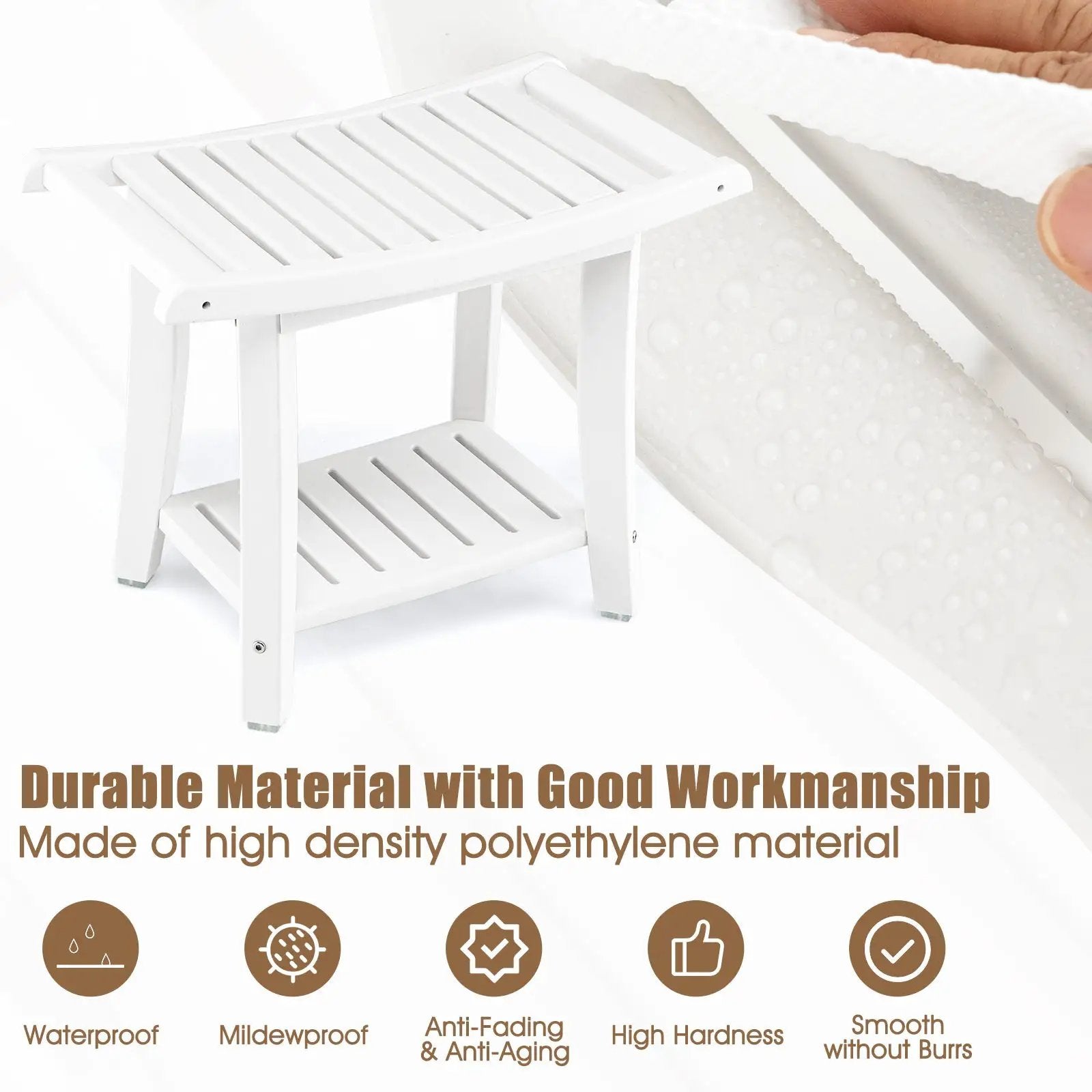 Waterproof Bath Stool with Curved Seat and Storage Shelf by DirectDeals