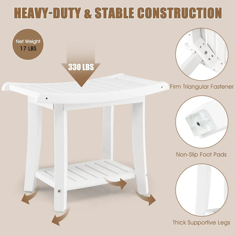 Waterproof Bath Stool with Curved Seat and Storage Shelf by DirectDeals