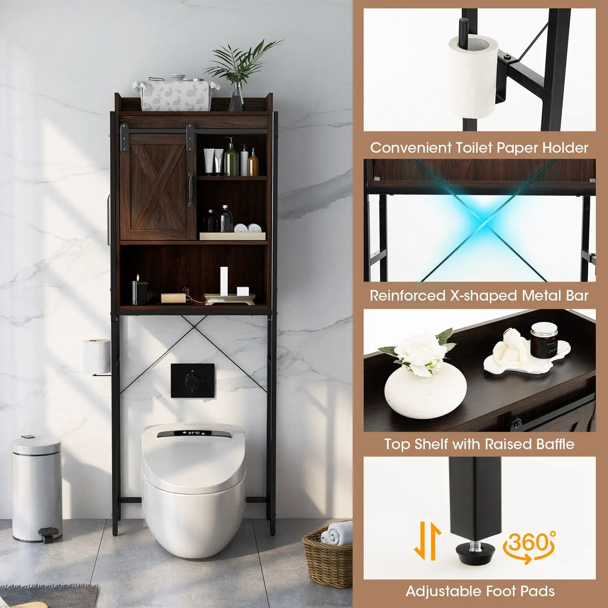 4-Tier Multifunctional Toilet Sorage Cabinet with Adjustable Shelf and Sliding Barn Door, photo 24 of 24
