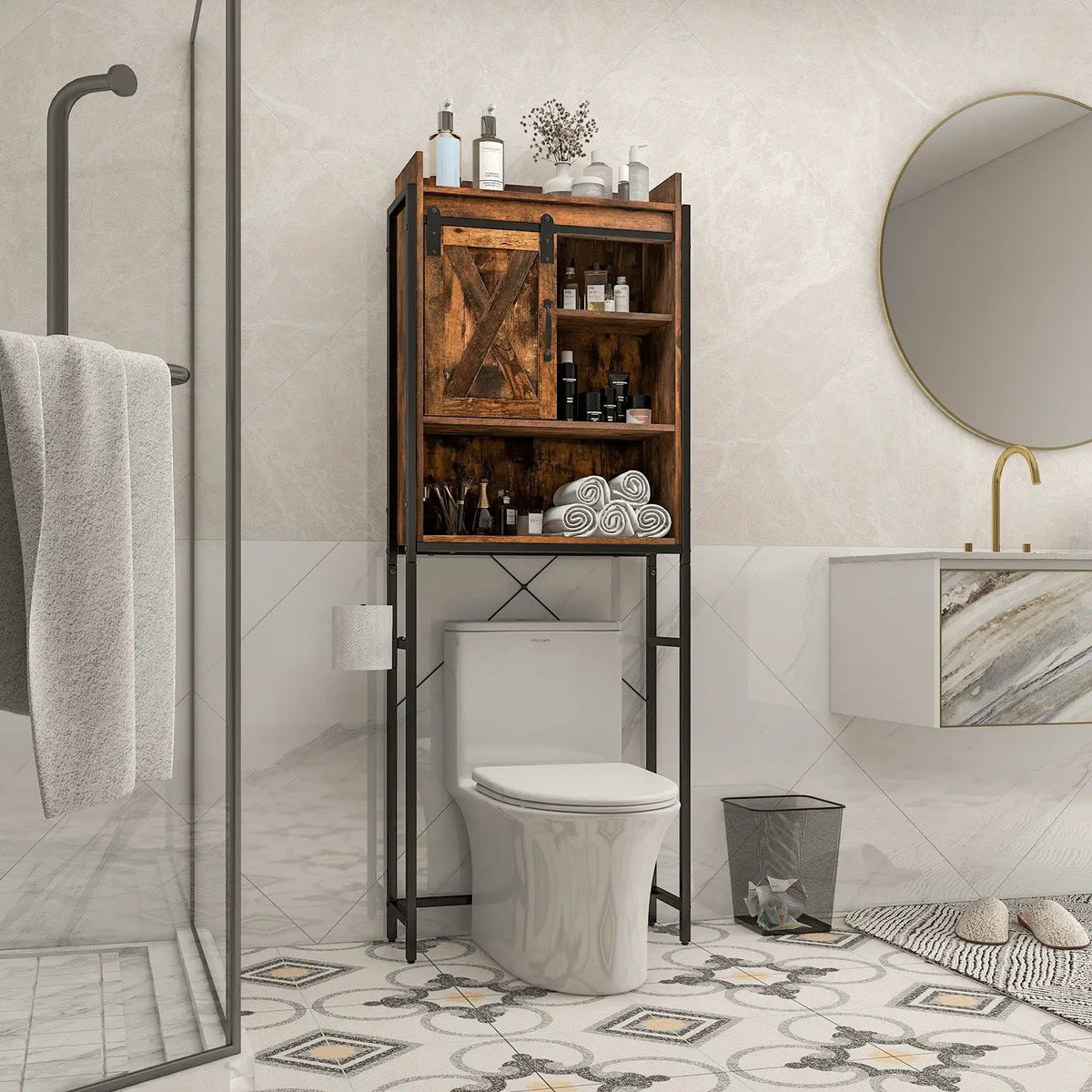 4-Tier Multifunctional Toilet Sorage Cabinet with Adjustable Shelf and Sliding Barn Door, photo 14 of 24
