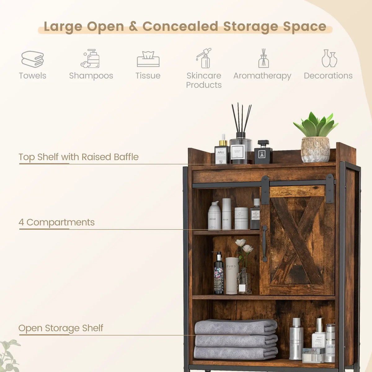 4-Tier Multifunctional Toilet Sorage Cabinet with Adjustable Shelf and Sliding Barn Door, photo 7 of 24