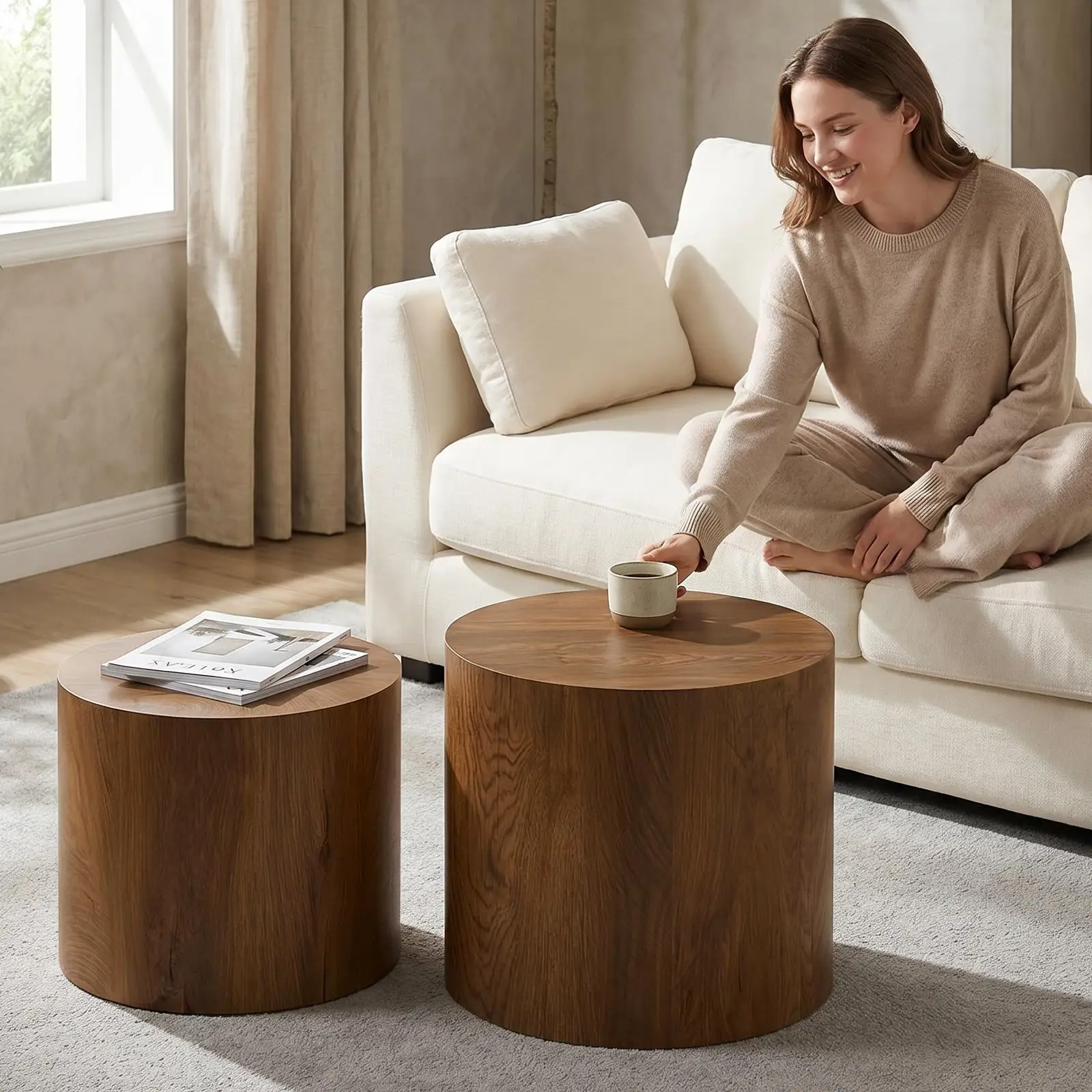 Nesting Coffee Table Set of 2, Modern Round Coffee Tables with Non-Slip Feet by HouseOfZazla