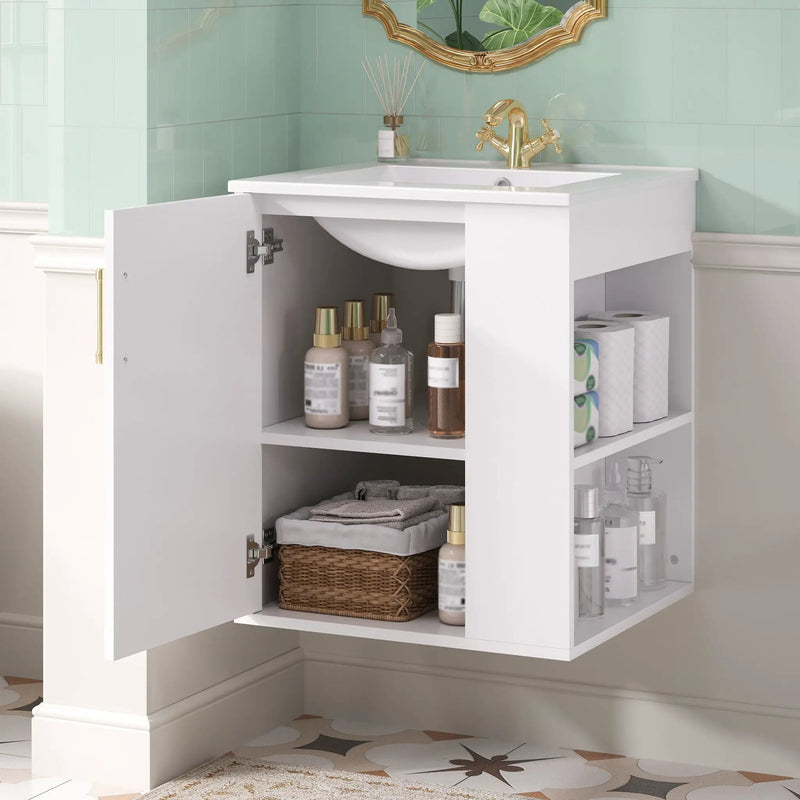 Wall Mounted Bathroom Cabinet With Side Shelf Combo, Vanity With Sink - White by HouseOfZazla