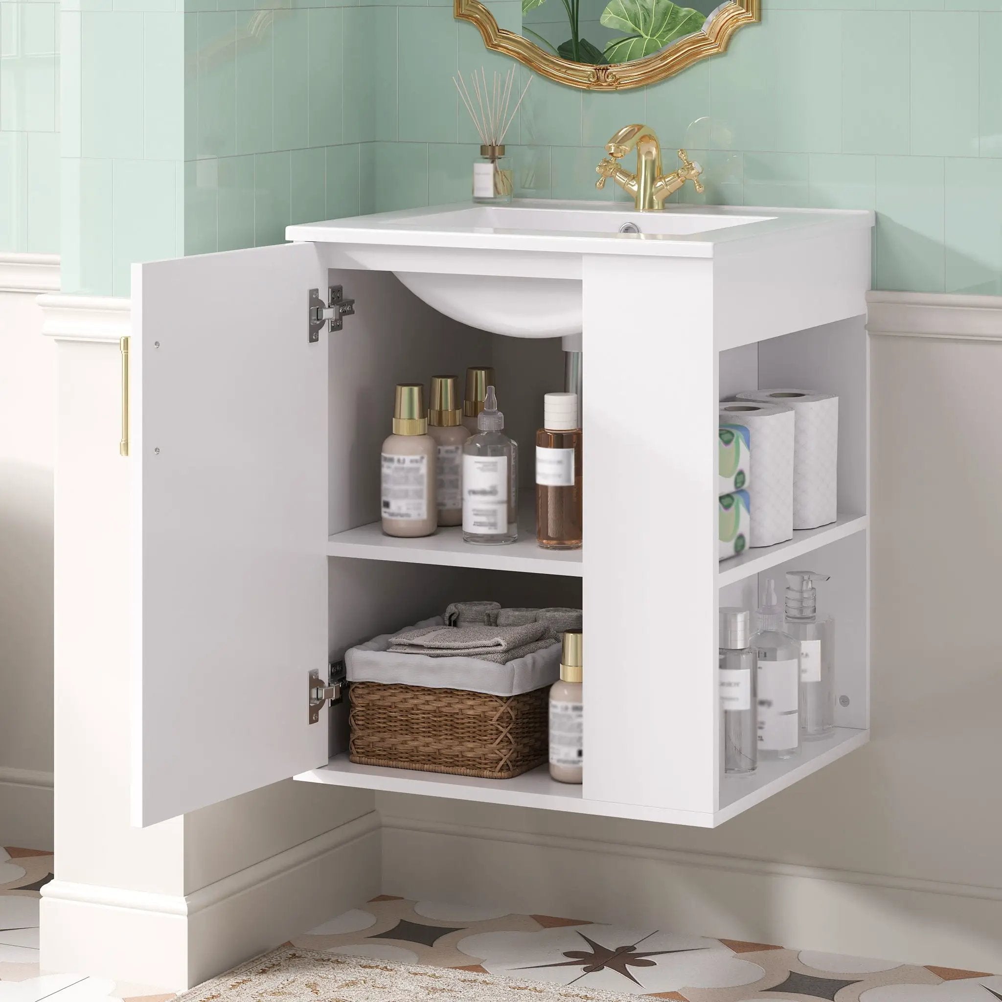 Wall Mounted Bathroom Cabinet With Side Shelf Combo, Vanity With Sink - White by Unique Piece Furniture